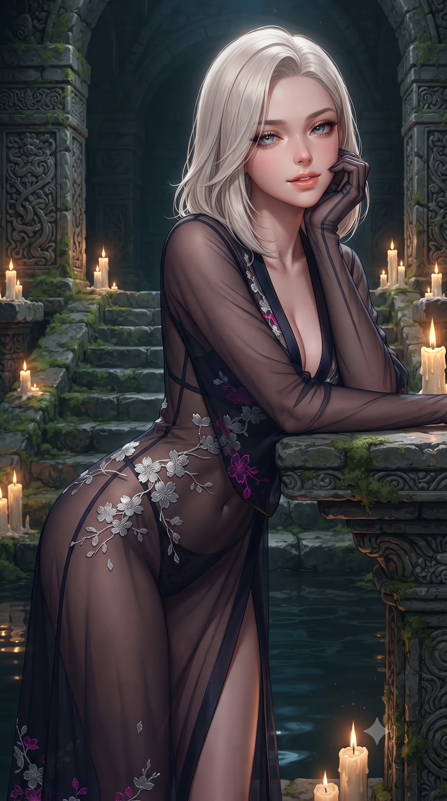score_9, masterpiece, best quality, ultra-detailed, high-budget anime keyframe, editorial fashion photography, tasteful artistic composition, Caucasian woman. close-up cowboy shot from the waist and thighs up, the character dominates the composition, filling the frame with her large presence. resting one elbow on the table and supporting her chin, leaning close to the camera with heavy-lidded sparkling eyes and parted lips while standing poised on the ancient megalithic stone steps of the subterranean spring, arching her spine with timeless siren dominance as candlelight flickers on stone carvings. The surrounding environment is rendered in vivid detail and crisp panoramic clarity: detailed form-contouring sheer pleated georgette baby-doll slip, scalloped lace trim, and ancient Japanese masonry in high resolution. She has an exceptionally elegant, slender, and willowy female figure with an ultra-slim waist, flat toned midriff, narrow ribcage, and sculpted feminine hips creating an alluring, slim hourglass silhouette without bulk. sharp v-shaped jawline, high-bridge nose, intricate jewel-like sparkling eyes with depth, thick eyelashes, glossy parted lips with a natural peach sheen, bright cheerful beaming smile with an enchanting and coquettish sensual glint, exuding both youthful cute charm and seductive allure, flawlessly proportioned anatomical accuracy, strict slender model proportions, natural body alignment, perfectly sculpted long slender limbs, ultra-slim waistline, clean dynamic posture without body distortion. wearing a provocative sheer noir illusion mesh kimono dress with embroidered silver cherry blossom motifs framing her curves in Huangpu midnight sapphire and neon magenta, made of sheer gossamer chiffon that drapes softly against skin with airy translucence, complemented by sheer opera-length evening gloves tracing her slender arms, the second-skin tailored fabric adhering flawlessly to her sculpted flat midriff and slender torso, emphasizing her long leg lines and perfectly proportioned willowy build. illuminated by dark water mirror reflections and sharp amber-gold rim lights defining her razor-sharp jawline, narrow waist, and curvy hips. ultra-reflective glossy finish, specular highlights, rich textural contrasts, high-contrast stereoscopic depth, volumetric dynamic lighting, 2k, ultra detail, master piece, 9:16 ratio