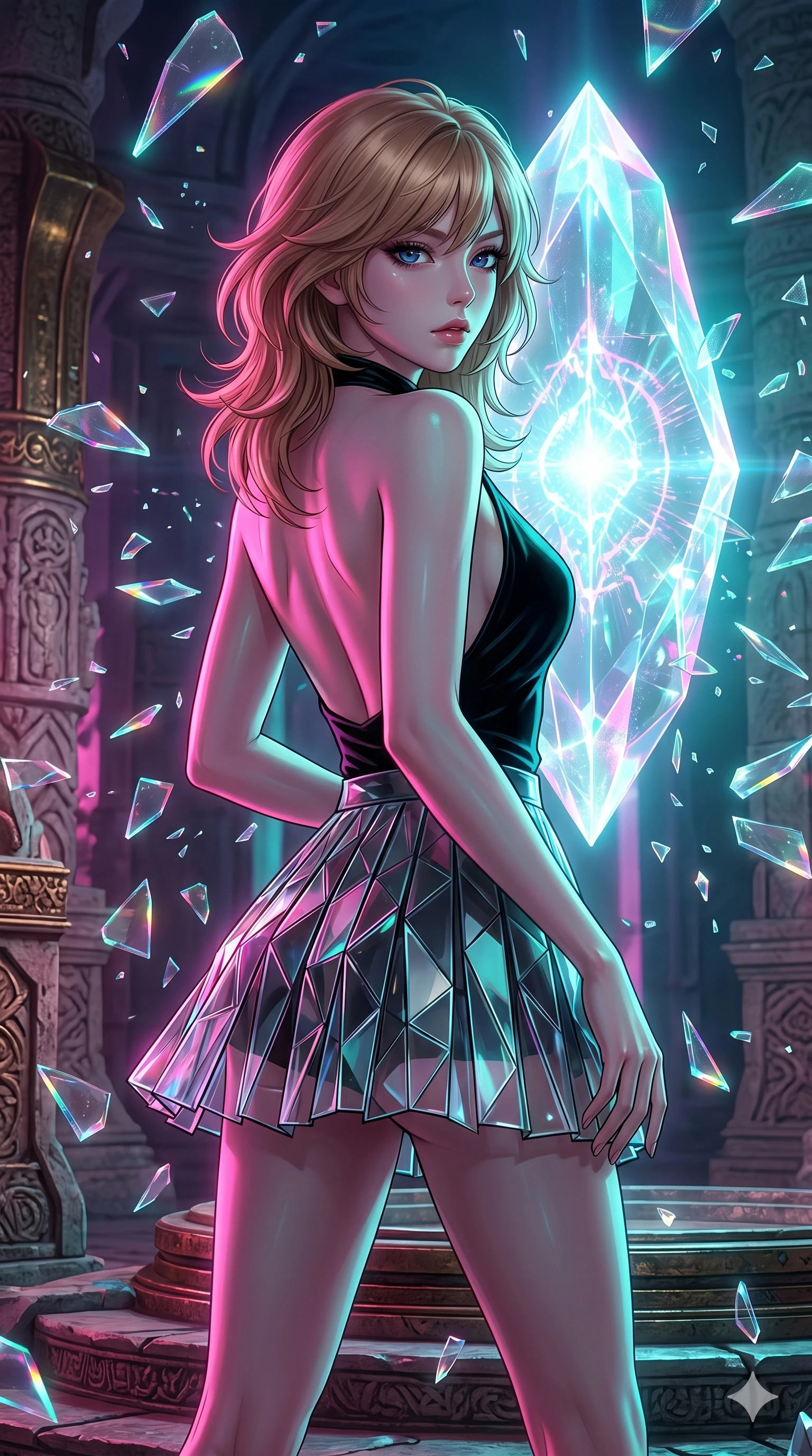 score_9, masterpiece, best quality, ultra-detailed, high-budget anime keyframe, editorial fashion photography, tasteful artistic composition, Korean woman. upper body close-up from the thighs up, character filling the screen for maximum presence. twisting her body around in an ancient sanctuary where a massive floating crystal core pulses with light as floating shattered glass shards refract light like tiny prisms. She has an absolutely perfect 8-heads proportion, an exceptionally tall and slender female figure with impossibly long slender legs and an ultra-slim waist. V-shaped jawline, high-bridge nose, intricate jewel-like eyes with depth, thick eyelashes, glossy lips with a natural sheen.. wearing a fractal glass pleated skirt and a open-back black velvet halter neck top, creating a dramatic and elegant silhouette. lit by intense neon pink and turquoise dual-tone backlighting, creating a futuristic mood. 2k, ultra detail, master piece, 9:16 ratio