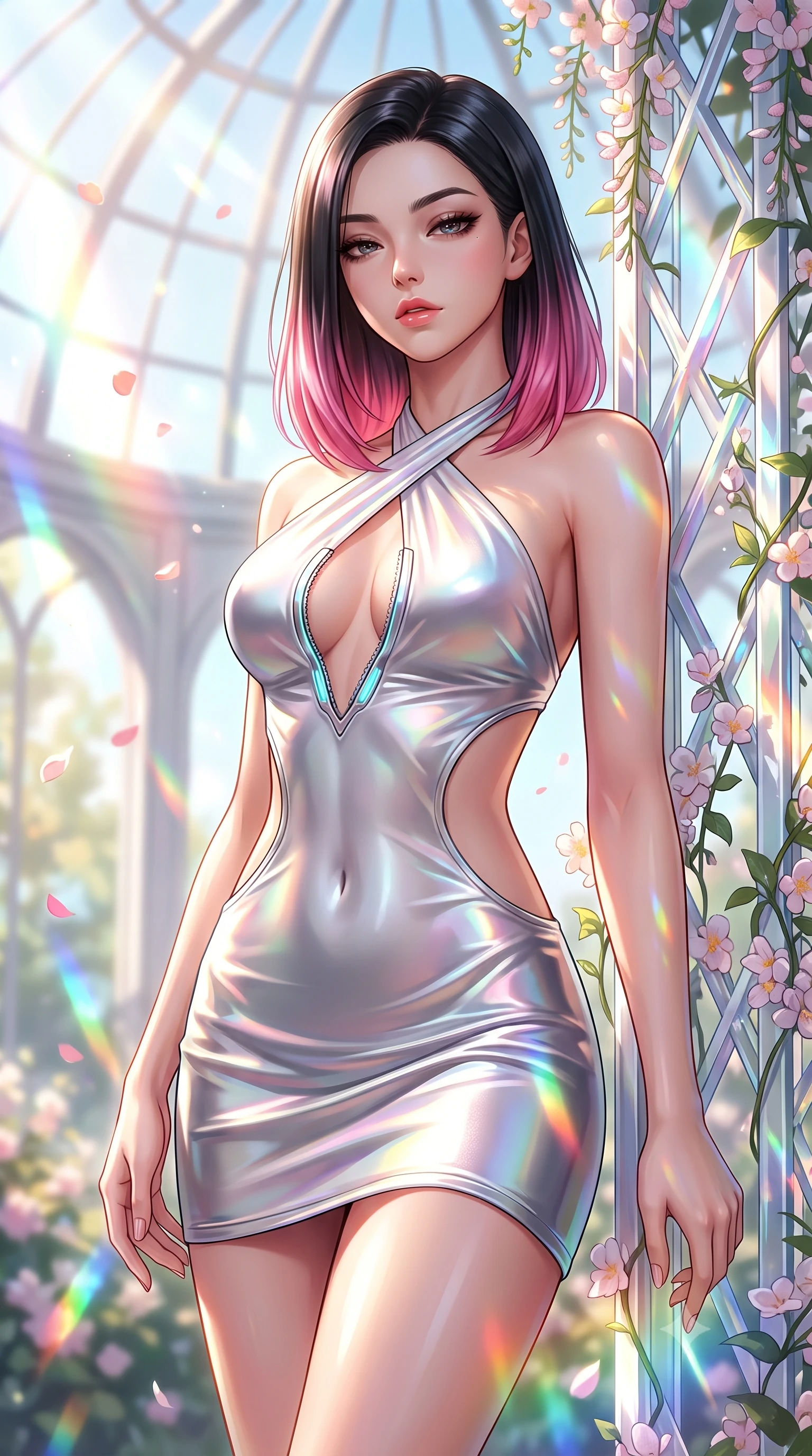 score_9, masterpiece, best quality, ultra-detailed, high-budget anime keyframe, semi-realistic 3D game render, editorial fashion photography, tasteful artistic composition, Korean woman. close-up cowboy shot from the waist and thighs up, the character dominates the composition, filling the frame with her large presence. casting a slow, smoldering gaze beneath heavy lashes with parted glossy lips, her head slightly tilted in captivating self-assurance while leaning against a sun-drenched crystal trellis draped in flowering vines with a captivating, smoldering gaze. The composition keeps background elements in soft focus with creamy bokeh. sunlit glasshouse dome arches and floating flower petals softened in dreamy shallow depth of field. She has an exceptionally elegant, slender, and willowy female figure with an ultra-slim waist, a gracefully sculpted slender torso, toned flat midriff, and a refined slim silhouette. sharp v-shaped jawline, high-bridge nose, intricate jewel-like eyes with depth, thick eyelashes, glossy lips with a natural sheen, flawlessly proportioned anatomical accuracy, strict slender model proportions, natural body alignment, perfectly sculpted long slender limbs, ultra-slim waistline, clean dynamic posture without body distortion. wearing a molten silver liquid-metal mini dress featuring deep side-waist cutouts and a daring crossover halter neckline in glistening liquid pearl white with rainbow opalescence, made of smooth iridescent silk chiffon that shifts colors with movement, featuring a dangerously unzipped neckline framed by glowing cybernetic accents, the form-contouring material adhering flawlessly to her sculpted flat midriff and slender torso, emphasizing her long leg lines and perfectly proportioned willowy build. bathed in brilliant morning sunlight intersected by saturated rainbow crystal prism refractions. highly saturated vibrant anime colors, detailed shading with soft gradients, rich glossy textures, high-contrast stereoscopic depth, volumetric dynamic lighting, master piece, 9:16 ratio