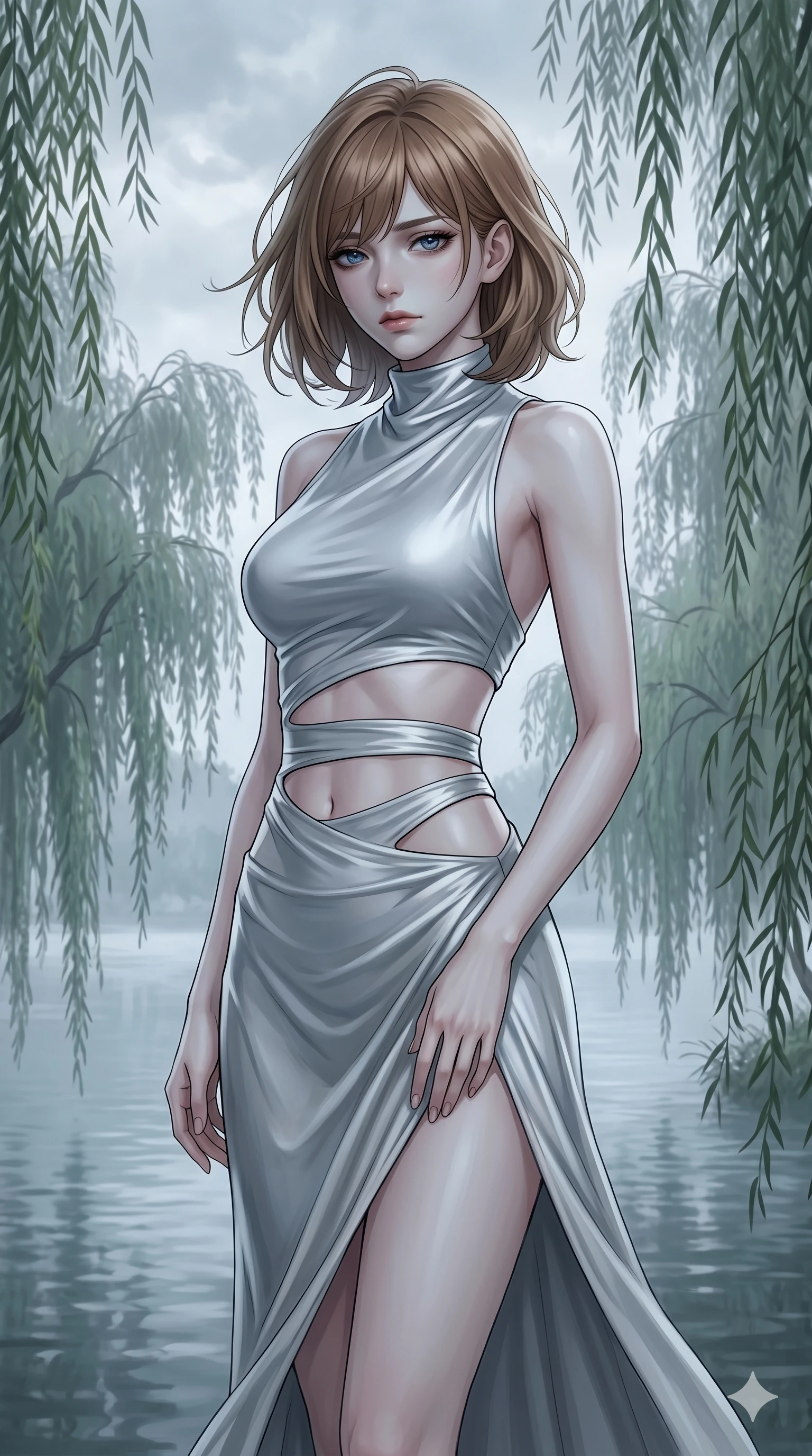 score_9, masterpiece, best quality, ultra-detailed, high-budget anime keyframe, editorial fashion photography, tasteful artistic composition, Caucasian woman, strictly human ears. cowboy shot from the thighs up, character and outfit filling the frame for maximum editorial presence. looking sidelong at the viewer with a melancholy, weary half-smile that doesn't reach her eyes by a misty lakeside at dawn, surrounded by weeping willow trees (Scenario Code S-55). She has an absolutely perfect 8-heads proportion, an exceptionally tall and slender female figure with impossibly long slender legs and an ultra-slim waist. V-shaped jawline, high-bridge nose, intricate jewel-like eyes with depth, thick eyelashes, glossy lips with a natural sheen. wearing a liquid silver jersey dress with an asymmetric collar and bold waist cutout lines. bathed in soft, cold ambient daylight filtering through the clouds, highlighting her pale skin. 2k, ultra detail, master piece, 9:16 ratio