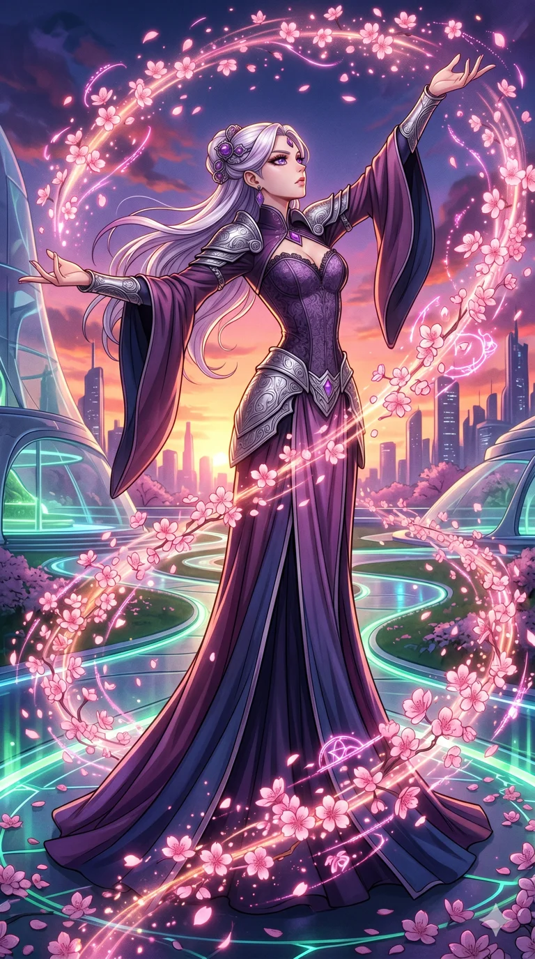 score_9, masterpiece, best quality, ultra-detailed, High-budget Anime Keyframe, beautiful Caucasian anime girl (strictly human ears). Dynamic full-body shot stretching the vertical silhouette with her statuesque presence. Summoning a wave of pink cherry blossoms in a futuristic park at sunset. She has an absolutely perfect 8-heads proportion, an exceptionally tall and slender female figure with impossibly long slender legs and an ultra-slim waist. Sharp v-shaped jawline, high-bridge nose, intricate jewel-like eyes with depth, thick eyelashes, glossy lips with a natural sheen. Wearing a Dark Fantasy outfit: lavender gothic lace corset gown, bell-sleeved sorceress robes, engraved silver plate armor over silk. Background is a bright and colorful environment with cinematic lighting, dynamic particle effects, and high-contrast shadows. 2k, ultra detail, master piece, 9:16 ratio