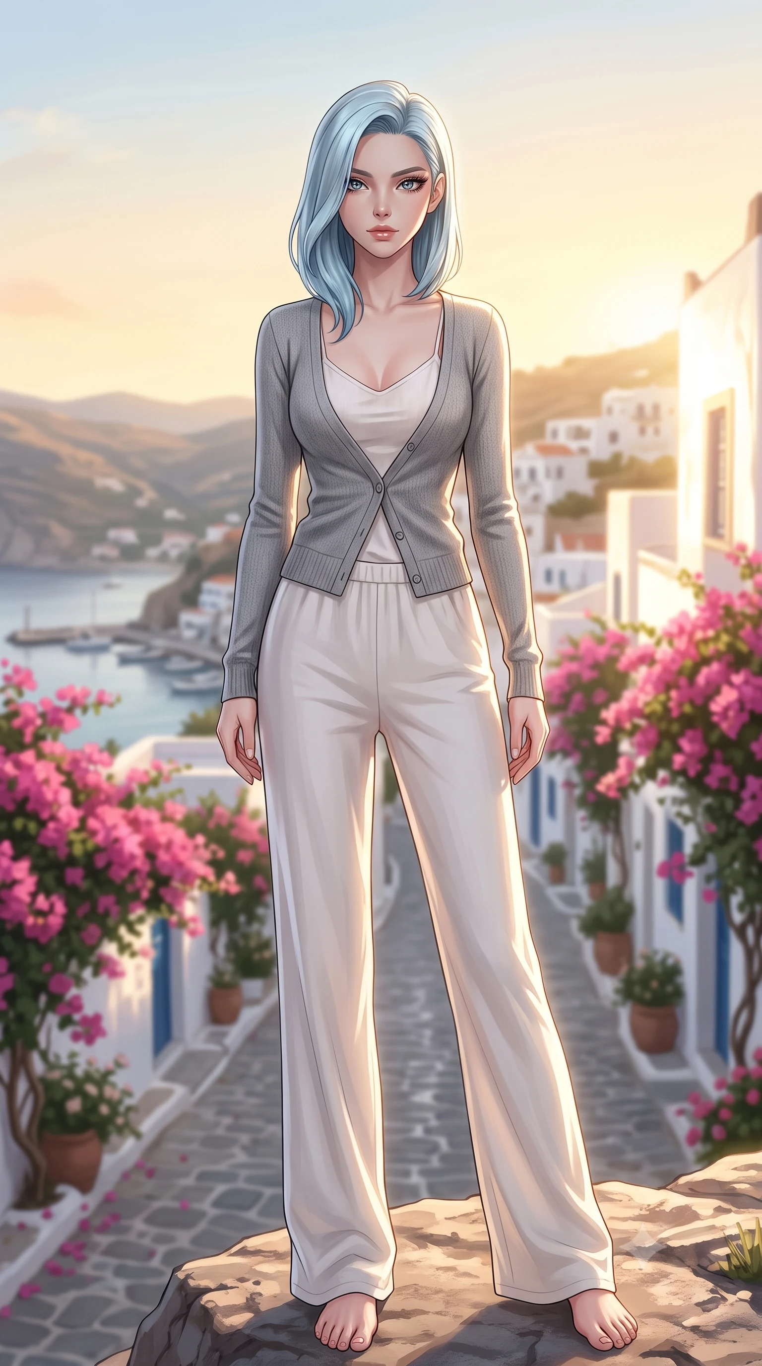 score_9, masterpiece, best quality, ultra-detailed, high-budget anime keyframe, editorial fashion photography, tasteful artistic composition, Korean woman woman. low angle full-body shot from head to toe showing her feet, filling the entire 9:16 vertical frame with her statuesque presence, stretching her vertical silhouette. standing proud on a scenic cliff overlooking the valley, her silhouette framed by the golden sky the background shows a soft-focus a narrow paved street of a coastal village winding down to the harbor, lined with pink flowers. She has an absolutely perfect, statuesque 8.5-heads proportion, an exceptionally tall and slender model-like female figure with impossibly long slender legs and an ultra-slim waist. sharp v-shaped jawline, high-bridge nose, intricate jewel-like eyes with depth, thick eyelashes, glossy lips with a natural sheen. wearing a slim-fit cozy grey knit cardigan worn over a white linen slip top and matching soft cotton pants. sunlight reflecting off white plaster walls, creating a bright fill light. 2k, ultra detail, master piece, 9:16 ratio