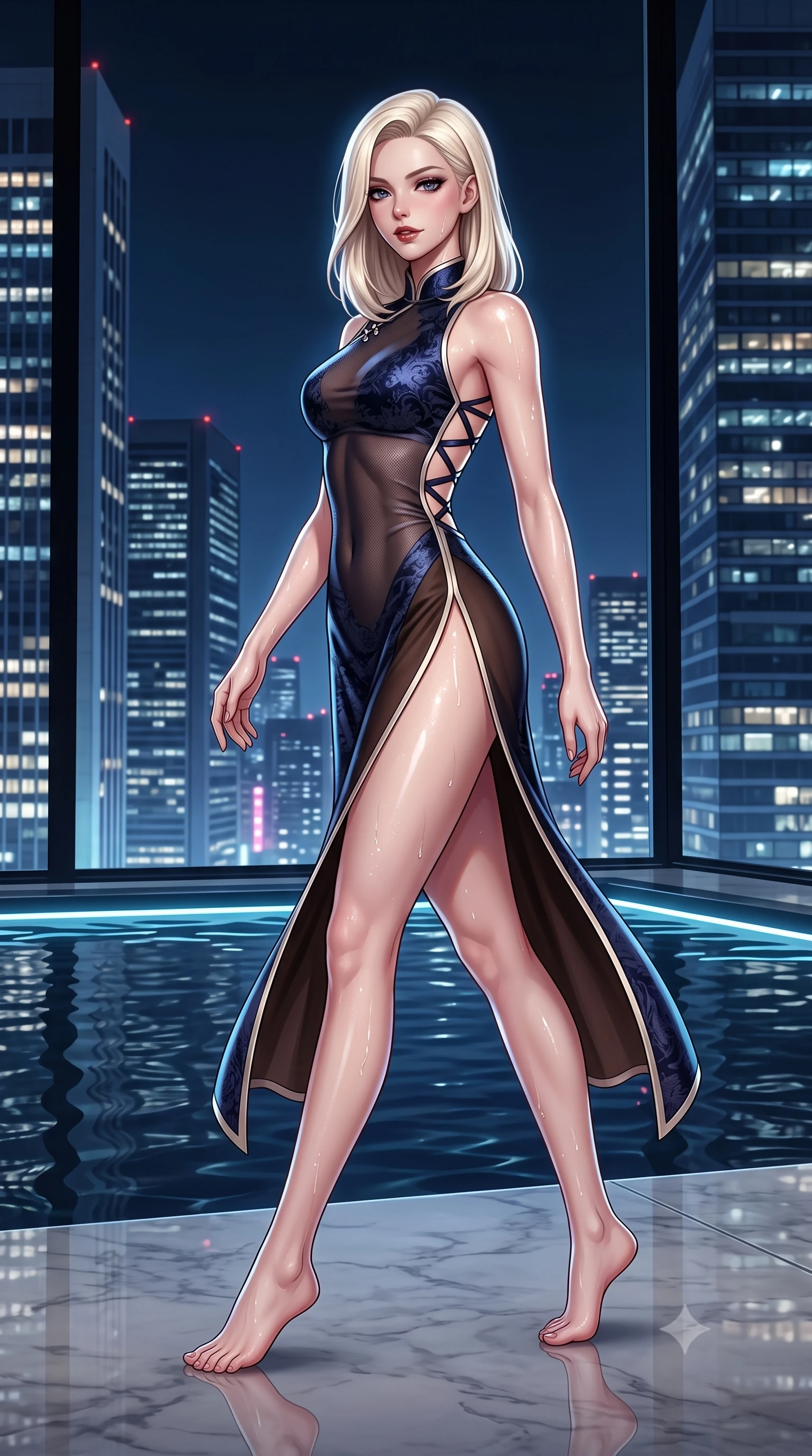 score_9, masterpiece, best quality, ultra-detailed, high-budget anime keyframe, semi-realistic 3D game render, editorial fashion photography, tasteful artistic composition, Caucasian woman. low angle full-body shot from head to toe showing her feet, filling the entire 9:16 vertical frame with her statuesque presence, stretching her vertical silhouette. striding forward gracefully across the reflective floor with sovereign supermodel poise, hips swaying in an alluring kinetic rhythm that accentuates her curvy hourglass silhouette and long slender legs while twisting her slender torso in an alluring S-curve beside the dark water, city lights and water caustics dancing across her narrow waist and hips. The surrounding environment is rendered in vivid detail and crisp panoramic clarity. detailed evening wear sheen, glistening moisture on skin, and Tokyo skyline architectural precision in high resolution. She has an exceptionally tall and slender model-like 8.5-heads proportion, an ultra-slim waist, a flat toned midriff, narrow delicate ribcage, and beautifully sculpted feminine hips creating a graceful, slim hourglass silhouette without any bulky heaviness, with impossibly long slender legs. sharp v-shaped jawline, high-bridge nose, intricate jewel-like dark sparkling eyes with dangerous depth, thick curled eyelashes, glossy parted lips with a rich wine sheen, smoldering seductive half-smile with bedroom-eyes, exuding effortless superiority and intoxicating dark allure, flawlessly proportioned anatomical accuracy, strict slender model proportions, natural body alignment, perfectly sculpted long slender limbs, ultra-slim waistline, clean dynamic posture without body distortion. wearing a modern tailored cheongsam mini dress in midnight navy jacquard silk with dramatic side hip slits in dark espresso brown and pearlescent ivory, made of semi-opaque dark contouring mesh clinging like a second skin, featuring a dramatic criss-cross satin back lacing tracing her slender spine, the form-fitting cut adhering flawlessly to her sculpted flat midriff and slender torso, emphasizing her long leg lines and perfectly proportioned willowy build. illuminated by underwater pool LED accents and crisp platinum rim lighting sharply defining her slim waist, toned midriff, and curvy hips. highly saturated vibrant anime colors, detailed shading with soft gradients, rich glossy textures, high-contrast stereoscopic depth, volumetric dynamic lighting, master piece, 9:16 ratio