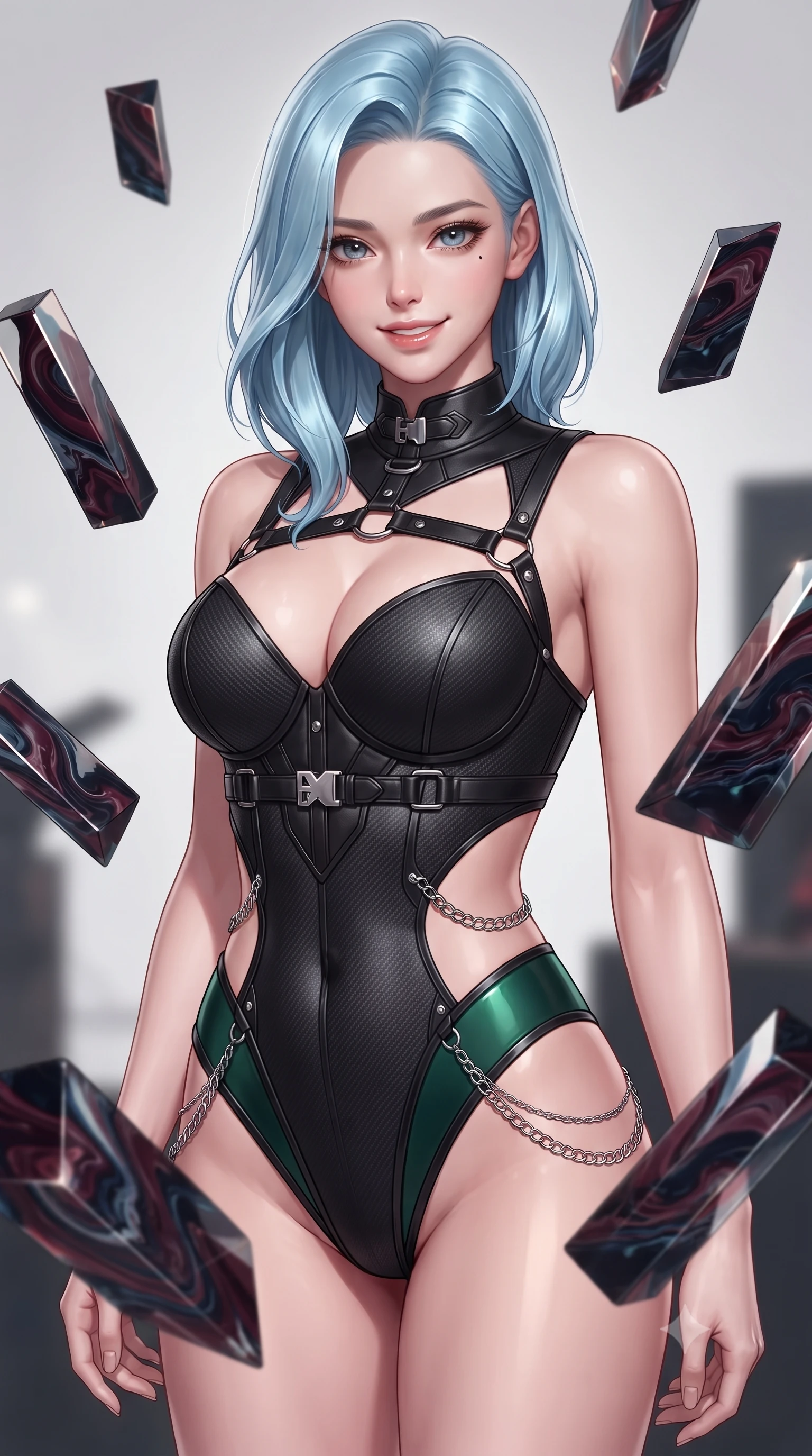 score_9, masterpiece, best quality, ultra-detailed, high-budget anime keyframe, editorial fashion photography, tasteful artistic composition, Korean woman. close-up cowboy shot from the waist and thighs up, the character dominates the composition, filling the frame with her large presence, background elements kept in soft focus. Smiling with quiet, magnetic self-assurance directly into the camera, interacting with floating dark glass prisms that refract black paint reflections, viscous swirls of dark burgundy, navy, and obsidian paint frozen mid-air. She has an exceptionally elegant, slender, and willowy female figure with an ultra-slim waist, a gracefully sculpted slender torso, and a refined silhouette. sharp v-shaped jawline, high-bridge nose, intricate jewel-like eyes with depth, thick eyelashes, glossy lips with a natural sheen. wearing sculpted structured cup bodysuit in matte black carbon-fiber with hip cutouts in deep emerald green, made of polished black leather, framed by dark titanium buckles and silver chain details, accentuating her gracefully sculpted slender torso. lit by single intense key ray accentuating liquid paint contours. highly saturated vibrant anime colors, detailed shading with soft gradients, rich glossy textures, high-contrast stereoscopic depth, volumetric dynamic lighting, master piece, 9:16 ratio