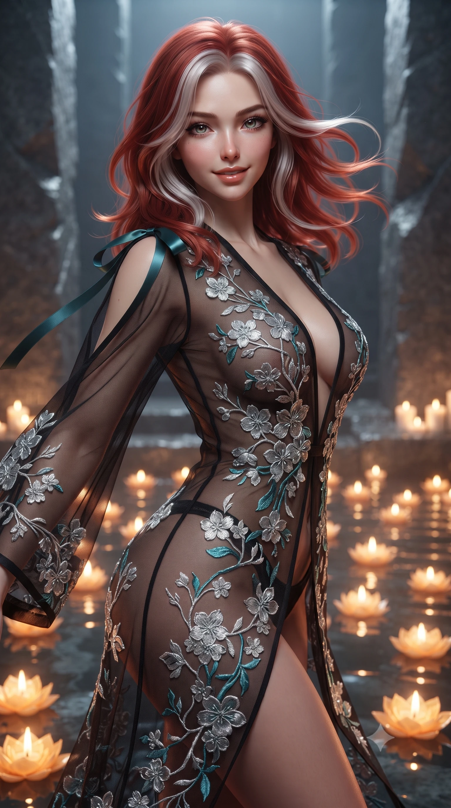 score_9, masterpiece, best quality, ultra-detailed, high-budget anime keyframe, editorial fashion photography, tasteful artistic composition, Caucasian woman. close-up cowboy shot from the waist and thighs up, the character dominates the composition, filling the frame with her large presence. turning slowly with an enchanting smoldering smile, her glossy hair tossing in the breeze as her hips angle gracefully in a captivating contrapposto while twisting her slender torso in an alluring S-curve, floating beeswax lotus candles casting radiant amber highlights across her narrow waist and hips. The surrounding environment is rendered in vivid detail and crisp panoramic clarity: sharp chisel marks on ancient granite megaliths, wet stone surface sheen, and floating beeswax candle flames in deep focus. She has an exceptionally elegant, slender, and willowy female figure with an ultra-slim waist, flat toned midriff, narrow ribcage, and sculpted feminine hips creating an alluring, slim hourglass silhouette without bulk. sharp v-shaped jawline, high-bridge nose, intricate jewel-like sparkling eyes with depth, thick eyelashes, glossy parted lips with a natural peach sheen, bright cheerful beaming smile with an enchanting and coquettish sensual glint, exuding both youthful cute charm and seductive allure, flawlessly proportioned anatomical accuracy, strict slender model proportions, natural body alignment, perfectly sculpted long slender limbs, ultra-slim waistline, clean dynamic posture without body distortion. wearing a provocative sheer noir illusion mesh kimono dress with embroidered silver cherry blossom motifs framing her curves in Mediterranean bioluminescent teal and radiant pearl, woven from buttery-soft stretch lambskin leather adhering to her body like a second skin, finished with satin ribbon ties at the shoulders fluttering in the gentle breeze, the second-skin tailored fabric adhering flawlessly to her sculpted flat midriff and slender torso, emphasizing her long leg lines and perfectly proportioned willowy build. bathed in the magical dancing 2100K radiance of hundreds of flickering lotus candles floating on the thermal pool. ultra-reflective glossy finish, specular highlights, rich textural contrasts, high-contrast stereoscopic depth, volumetric dynamic lighting, 2k, ultra detail, master piece, 9:16 ratio