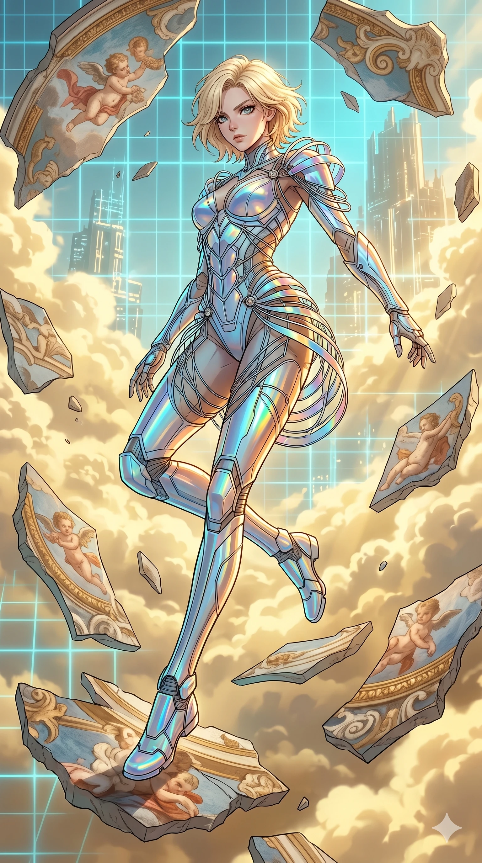 score_9, masterpiece, best quality, ultra-detailed, high-budget anime keyframe, Japanese woman. low angle full-body shot filling the entire 9:16 frame with her statuesque presence, stretching the vertical silhouette. propelling herself off digital baroque ceiling fresco shards that float and reassemble in a golden sky. She has an absolutely perfect 8-heads proportion, an exceptionally tall and slender female figure with impossibly long slender legs and an ultra-slim waist. V-shaped jawline, high-bridge nose, intricate jewel-like eyes with depth, thick eyelashes, glossy lips with a natural sheen.. wearing a holographic ribbon shell armor, featuring thin iridescent plates linked by wire straps over a sleek structured base layer. showcasing a beautiful play of light and shadow, with warm golden rays clashing against cool cyan highlights. 2k, ultra detail, master piece, 9:16 ratio