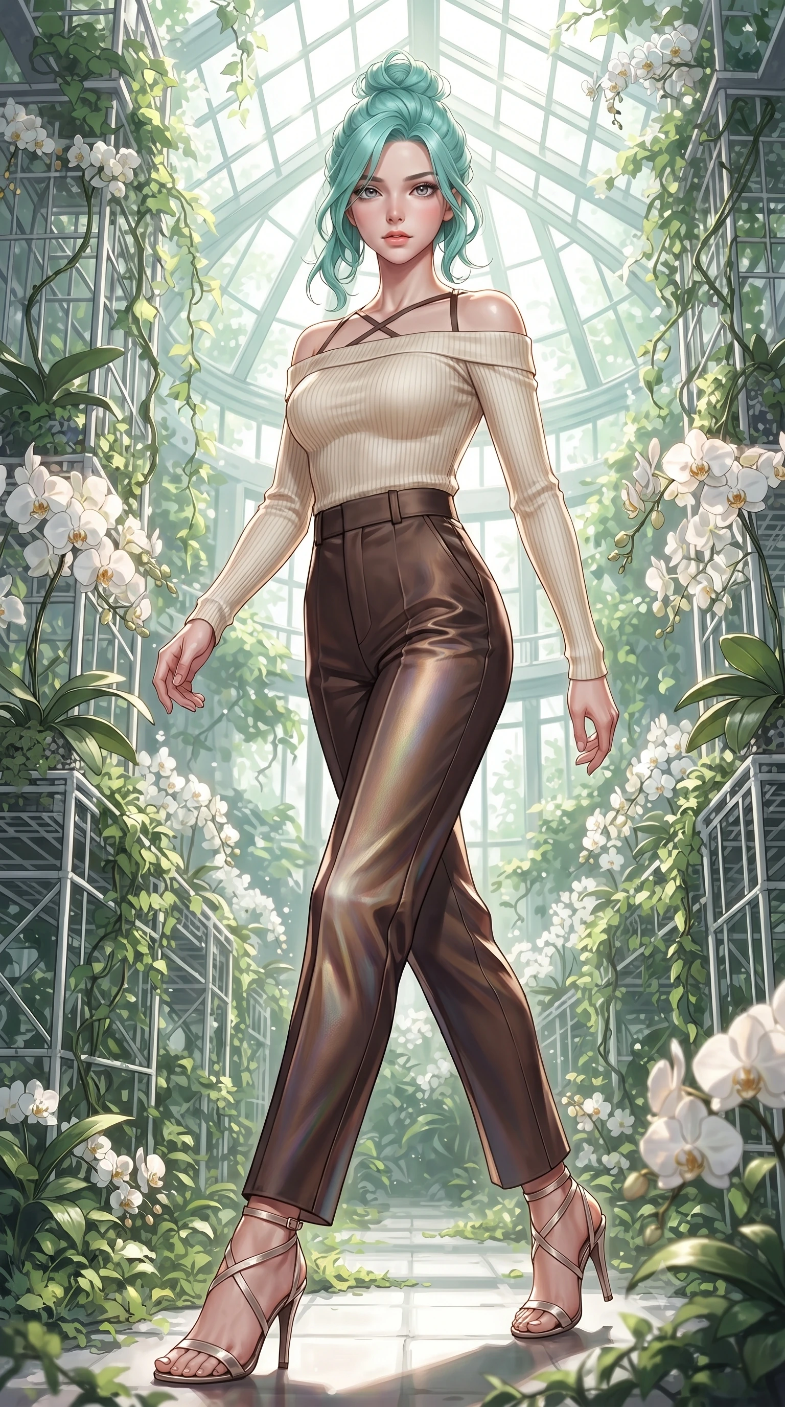 score_9, masterpiece, best quality, ultra-detailed, high-budget anime keyframe, editorial fashion photography, tasteful artistic composition, Japanese woman. low angle full-body shot from head to toe showing her feet, filling the entire 9:16 vertical frame with her statuesque presence, stretching her vertical silhouette. navigating the luminous space with effortless poise, displaying her perfect model proportions forging through an overgrown greenhouse filled with platinum wire lattices, lush green vines and white orchids framing the bright architectural backdrop. She has an absolutely perfect, statuesque 8.5-heads proportion, an exceptionally tall and slender model-like female figure with impossibly long slender legs and an ultra-slim waist. sharp v-shaped jawline, high-bridge nose, intricate jewel-like eyes with depth, thick eyelashes, glossy lips with a natural sheen. wearing a sleek off-shoulder ribbed knit top paired with high-waist tailored pants in espresso brown and warm cream, crafted from iridescent chiffon that shifts colors in the light, complemented by criss-cross back straps highlighting her bare shoulders, the sleek second-skin texture accentuating her magnetic presence. surrounded by a bright, airy ambiance with radiant white and green highlights. ultra-reflective glossy finish, specular highlights, metallic sheen, high-contrast stereoscopic depth, volumetric dynamic lighting, 2k, ultra detail, master piece, 9:16 ratio