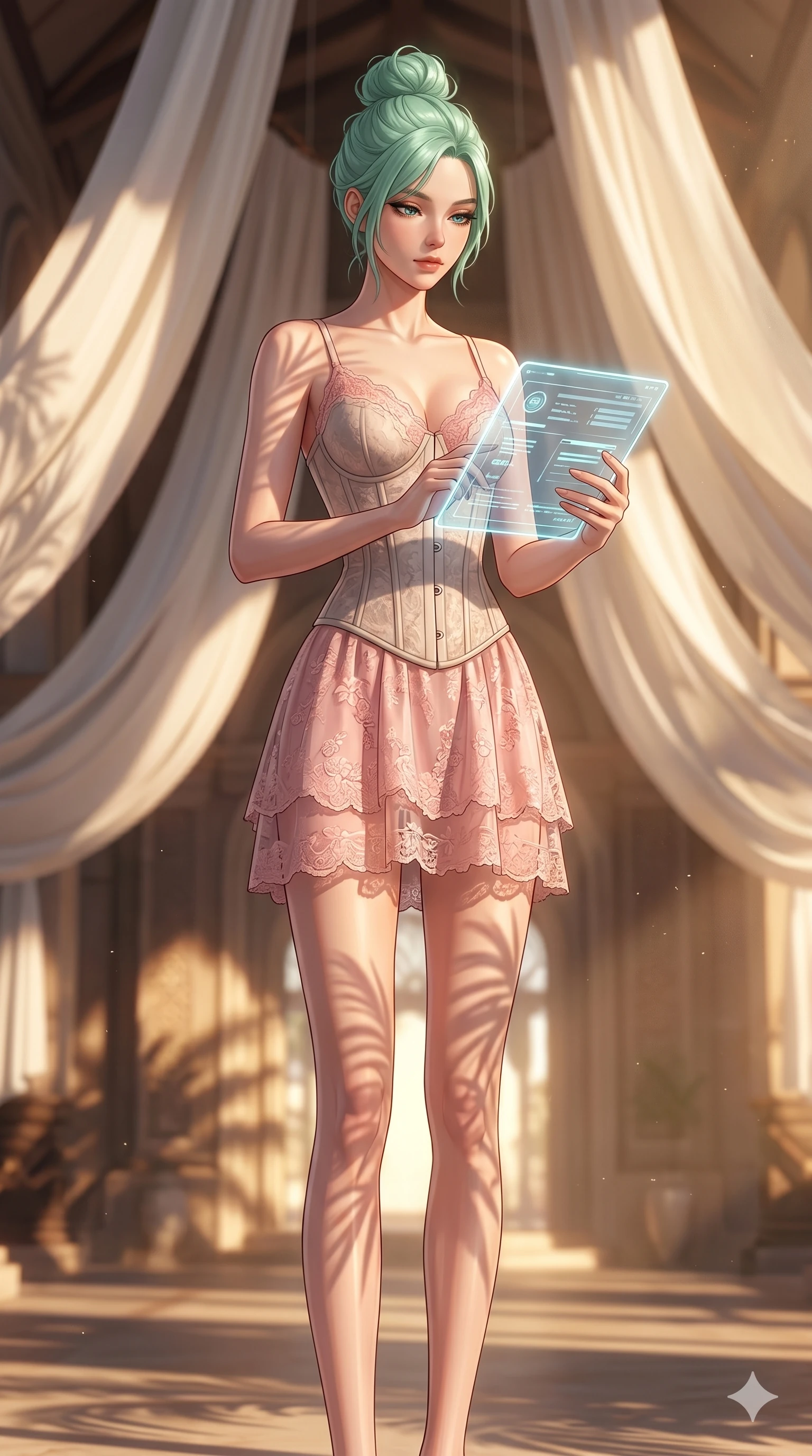 score_9, masterpiece, best quality, ultra-detailed, high-budget anime keyframe, editorial fashion photography, tasteful artistic composition, Japanese woman. cowboy shot from the thighs up, character and outfit filling the frame for maximum editorial presence. holding a floating tablet, looking down with a composed expression in a grand resort hall with floating white canvas drapes (Code-P19-199). She has an absolutely perfect 8-heads proportion, an exceptionally tall and slender female figure with impossibly long slender legs and an ultra-slim waist. V-shaped jawline, high-bridge nose, intricate jewel-like eyes with depth, thick eyelashes, glossy lips with a natural sheen. wearing a semi-opaque corset over a pink lace slip dress. drenched in warm, late-afternoon sunshine casting long, elegant palm shadows across her form. 2k, ultra detail, master piece, 9:16 ratio