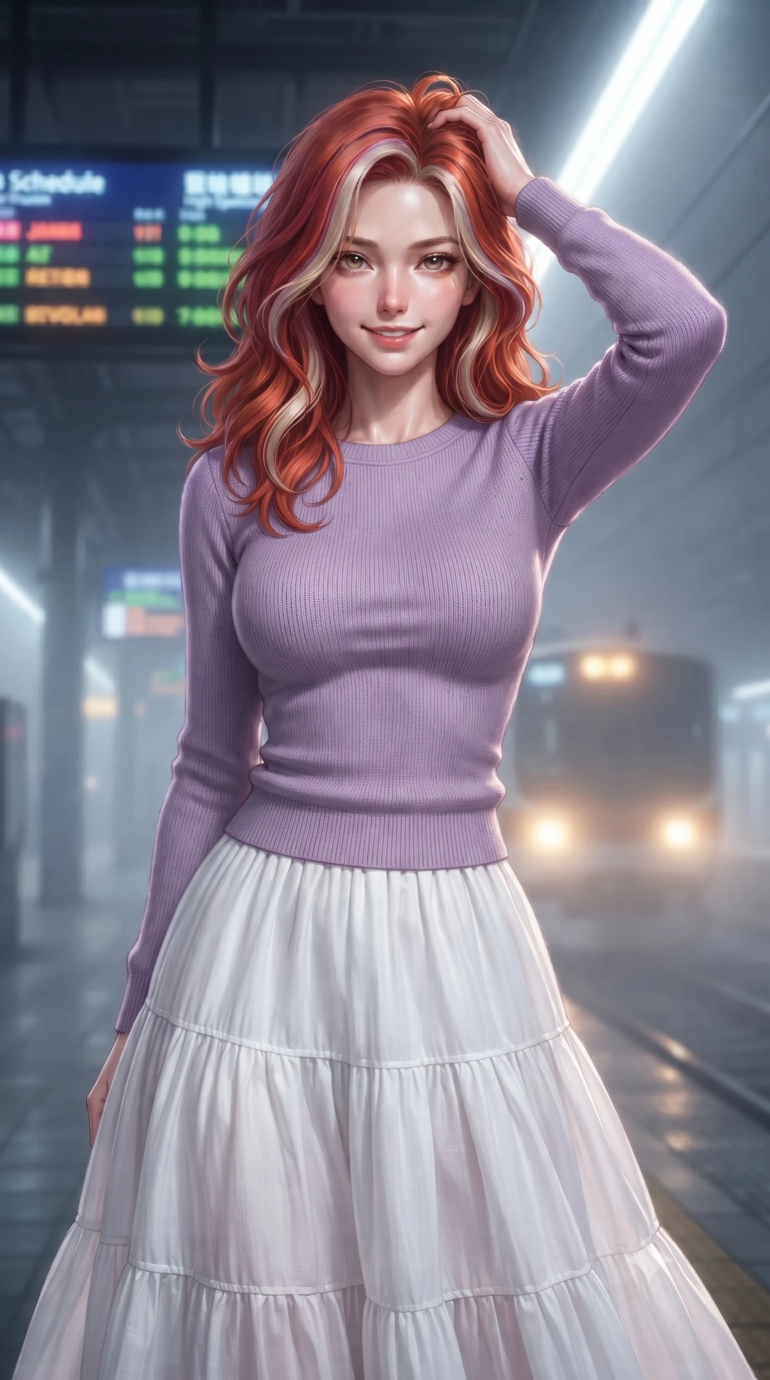 score_9, masterpiece, best quality, ultra-detailed, high-budget anime keyframe, editorial fashion photography, tasteful artistic composition, Caucasian woman. close-up cowboy shot from the waist and thighs up, the character dominates the composition, filling the frame with her large presence, background elements kept in soft focus. smiling with quiet, magnetic self-assurance directly into the camera, running a hand through her hair the background shows a soft-focus a high-speed train platform with neon schedule boards and misty tracks. She has an exceptionally elegant, slender, and willowy female figure with an ultra-slim waist, a gracefully sculpted slender torso, and a refined silhouette. sharp v-shaped jawline, high-bridge nose, intricate jewel-like eyes with depth, thick eyelashes, glossy lips with a natural sheen. wearing a slim-fit comfortable lavender knit sweater paired with a flowy white cotton maxi skirt. cool white overhead fluorescent rays contrasting with the warm lights of the incoming train. ultra-reflective glossy finish, specular highlights, metallic sheen, high-contrast stereoscopic depth, volumetric dynamic lighting, 2k, ultra detail, master piece, 9:16 ratio