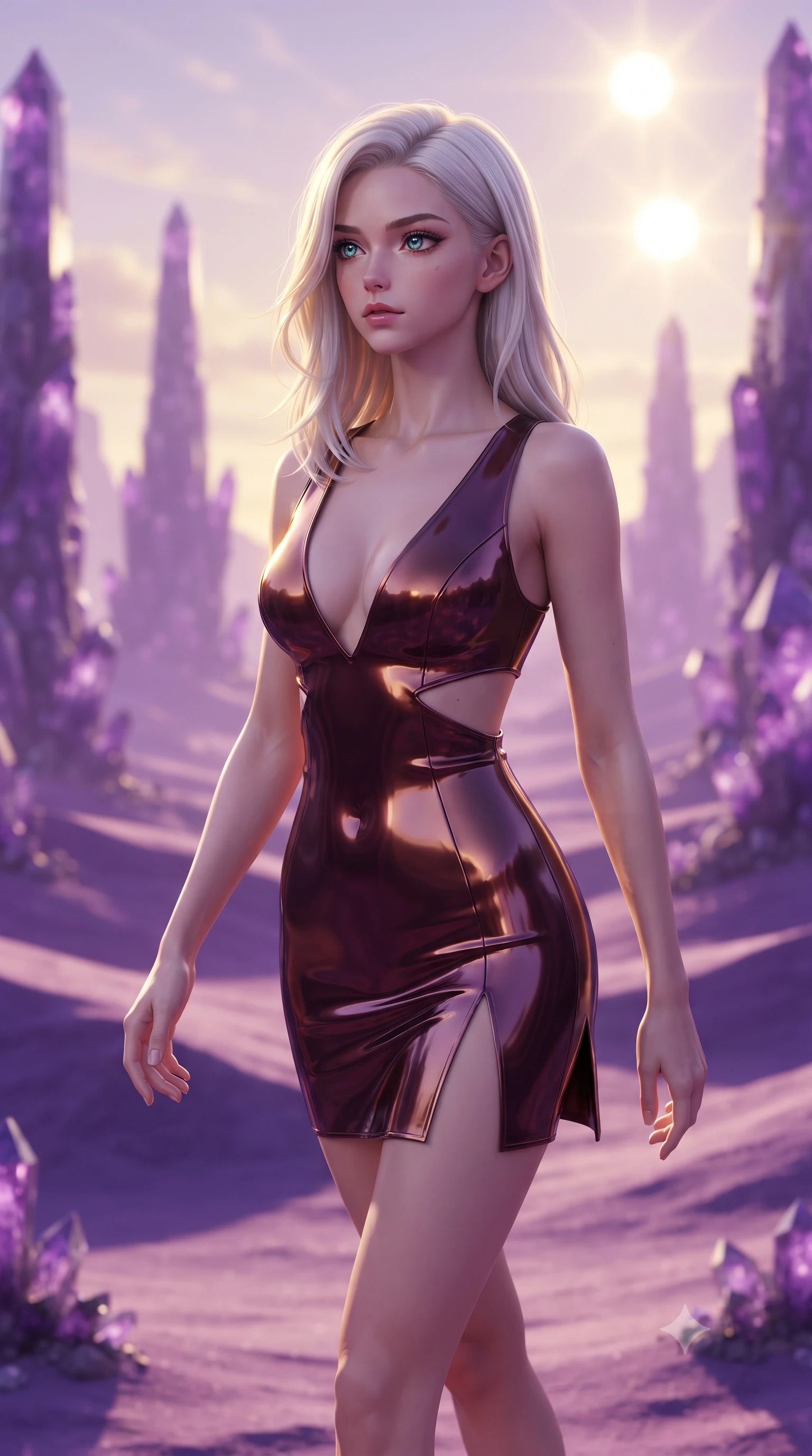 score_9, masterpiece, best quality, ultra-detailed, high-budget anime keyframe, editorial fashion photography, tasteful artistic composition, Caucasian woman. close-up cowboy shot from the waist and thighs up, the character dominates the composition, filling the frame with her large presence, background elements kept in soft focus. Gazing past the camera with an air of effortless elegance and mysterious confidence walking through a canyon of purple amethyst spires scattering sunbursts, twin suns casting dramatic dual shadows across the violet desert landscape. She has an exceptionally elegant, slender, and willowy female figure with an ultra-slim waist, a gracefully sculpted slender torso, and a refined silhouette. sharp v-shaped jawline, high-bridge nose, intricate jewel-like eyes with depth, thick eyelashes, glossy lips with a natural sheen. wearing a liquid mercury gloss mini dress with ultra-deep V-neck and waist cutouts in deep burgundy and bronze, formed from sleek second-skin neoprene, finished with a sleek side slit ascending to mid-thigh, the glove-like fit emphasizing her statuesque silhouette. illuminated by dramatic golden sunset key light and rich purple ambient fill. ultra-reflective glossy finish, specular highlights, metallic sheen, high-contrast stereoscopic depth, volumetric dynamic lighting, 2k, ultra detail, master piece, 9:16 ratio