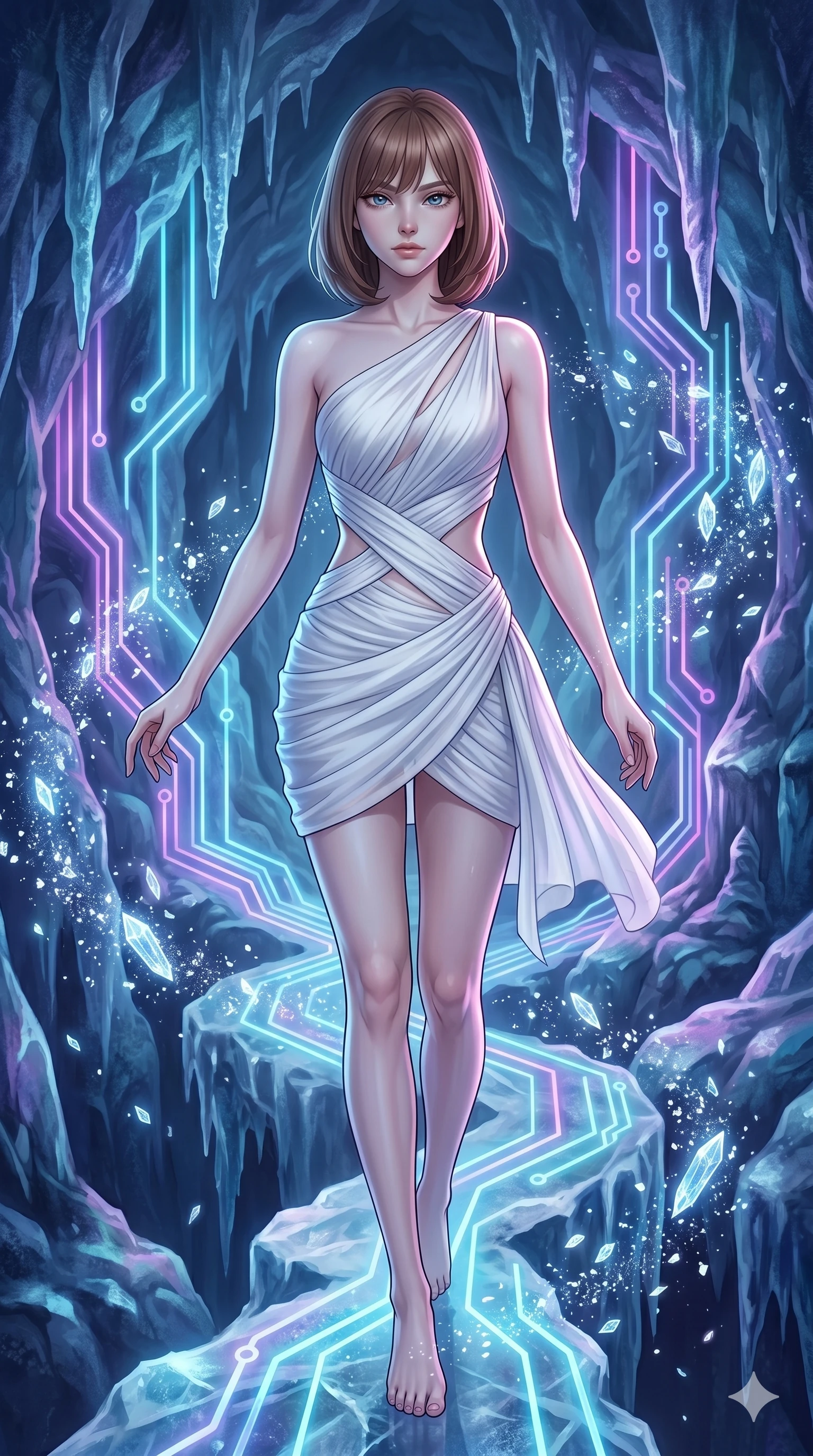 score_9, masterpiece, best quality, ultra-detailed, high-budget anime keyframe, editorial fashion photography, tasteful artistic composition, Caucasian woman, strictly human ears. upper body close-up from the thighs up, character filling the screen for maximum presence. balancing carefully on through a glacier cave illuminated by internal neon ice circuit boards while delicate glowing ice crystals scatter in a glittering vortex. She has an absolutely perfect 8-heads proportion, an exceptionally tall and slender female figure with impossibly long slender legs and an ultra-slim waist. V-shaped jawline, high-bridge nose, intricate jewel-like eyes with depth, thick eyelashes, glossy lips with a natural sheen.. wearing an asymmetric chiffon draped couture mini dress, featuring draped white chiffon fabric twisting around her body with elegant diamond cutouts on the waist. lit by a soft glowing ambient light and a sharp side key light that traces the sleek contours of her athletic build. 2k, ultra detail, master piece, 9:16 ratio