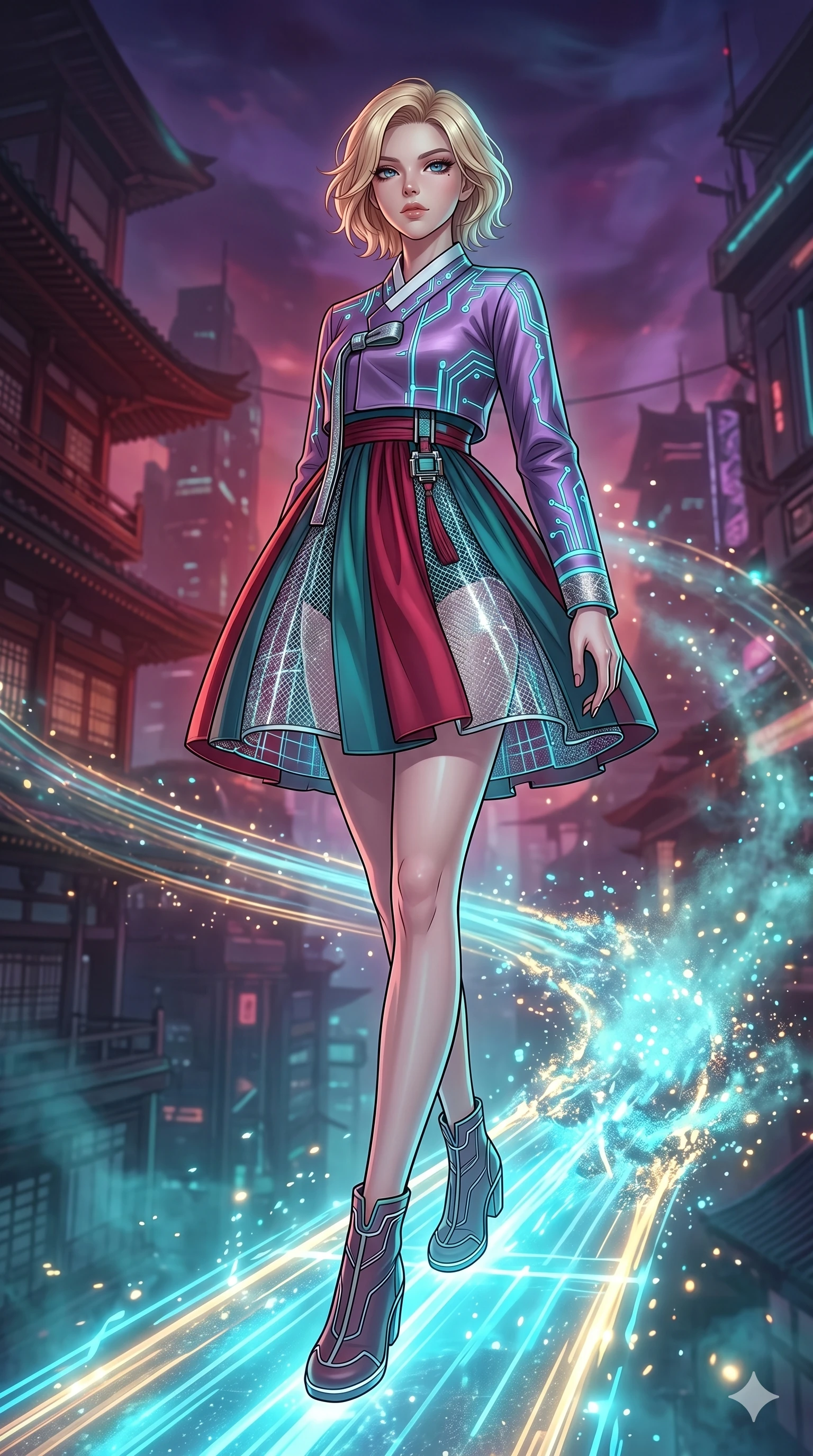 score_9, masterpiece, best quality, ultra-detailed, high-budget anime movie keyframe, cinematic anime lighting, intricate line art, Japanese woman. Dynamic full-body shot stretching the vertical silhouette with extreme perspective. standing on a bridge of light as it slowly dissolves into the air. She has an absolutely perfect 8-heads proportion, an exceptionally tall and slender female figure with graceful and slender proportions. strictly human anatomy, two legs only, no extra limbs, clearly defined legs and arms, perfect anatomy, perfect hands and fingers. sharp v-shaped jawline, high-bridge nose, intricate jewel-like eyes, thick eyelashes, glossy lips. Wearing Modern Traditional: Shortened cyber-hanbok with fusion silk robes and transparent panels. The scene is illuminated by dramatic atmospheric lighting and vibrant color palettes. , 2k, ultra detail, master piece, 9:16 ratio