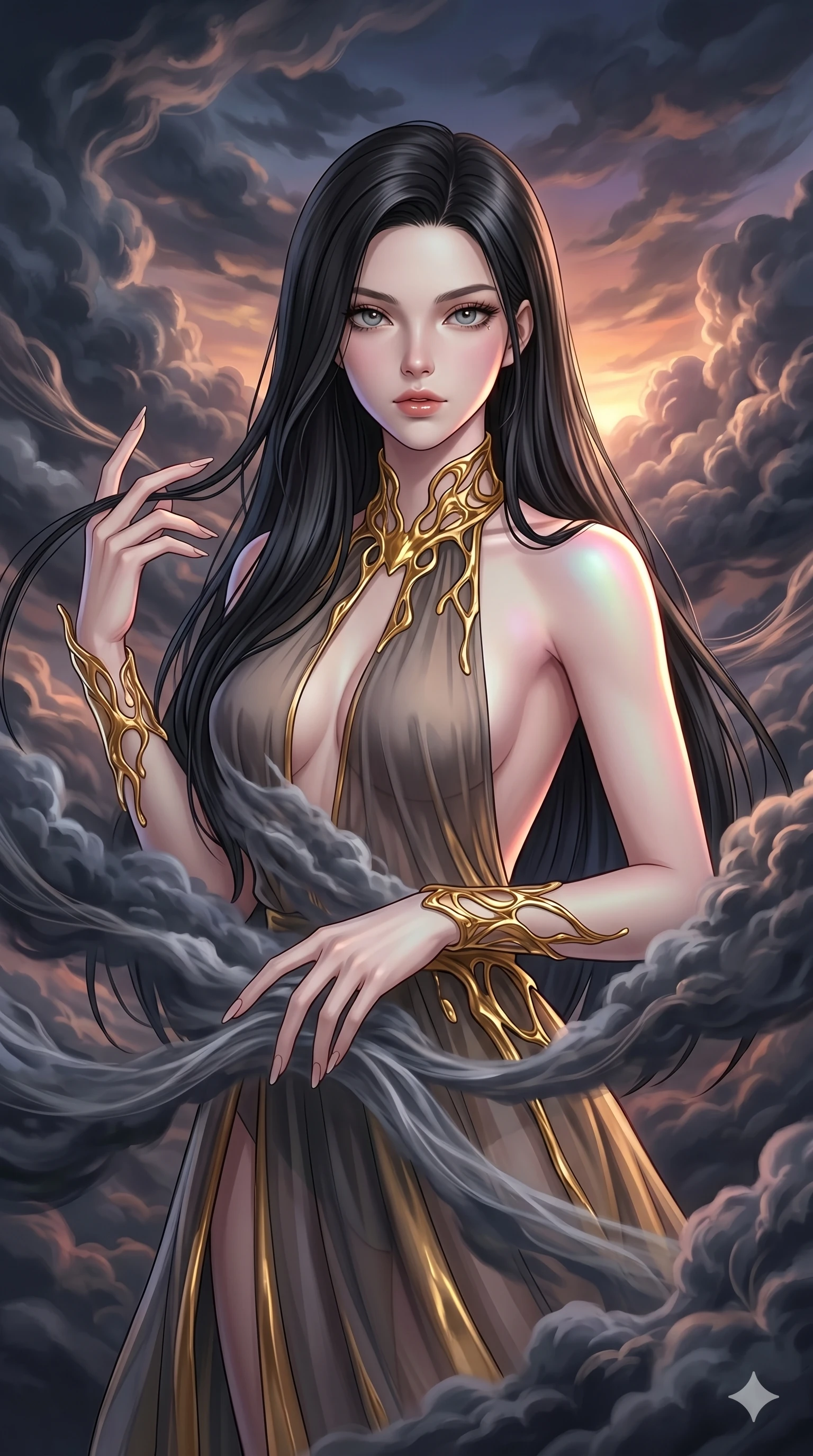 score_9, masterpiece, best quality, ultra-detailed, high-budget anime keyframe, Caucasian woman, strictly human ears. upper body close-up from the thighs up, character filling the screen for maximum presence. threading through a volumetric cloud weave where storm clouds are spun like silk thread under a dramatic sunset glow. She has an absolutely perfect 8-heads proportion, an exceptionally tall and slender female figure with impossibly long slender legs and an ultra-slim waist. V-shaped jawline, high-bridge nose, intricate jewel-like eyes with depth, thick eyelashes, glossy lips with a natural sheen.. wearing a molten gold and chiffon gown, featuring organic liquid gold collar and cuffs on a translucent charcoal-gray halter neck chiffon gown with a deep backless design. enhanced by a luminous pastel spectrum glow, casting elegant rim lights on her shoulders and jawline. 2k, ultra detail, master piece, 9:16 ratio