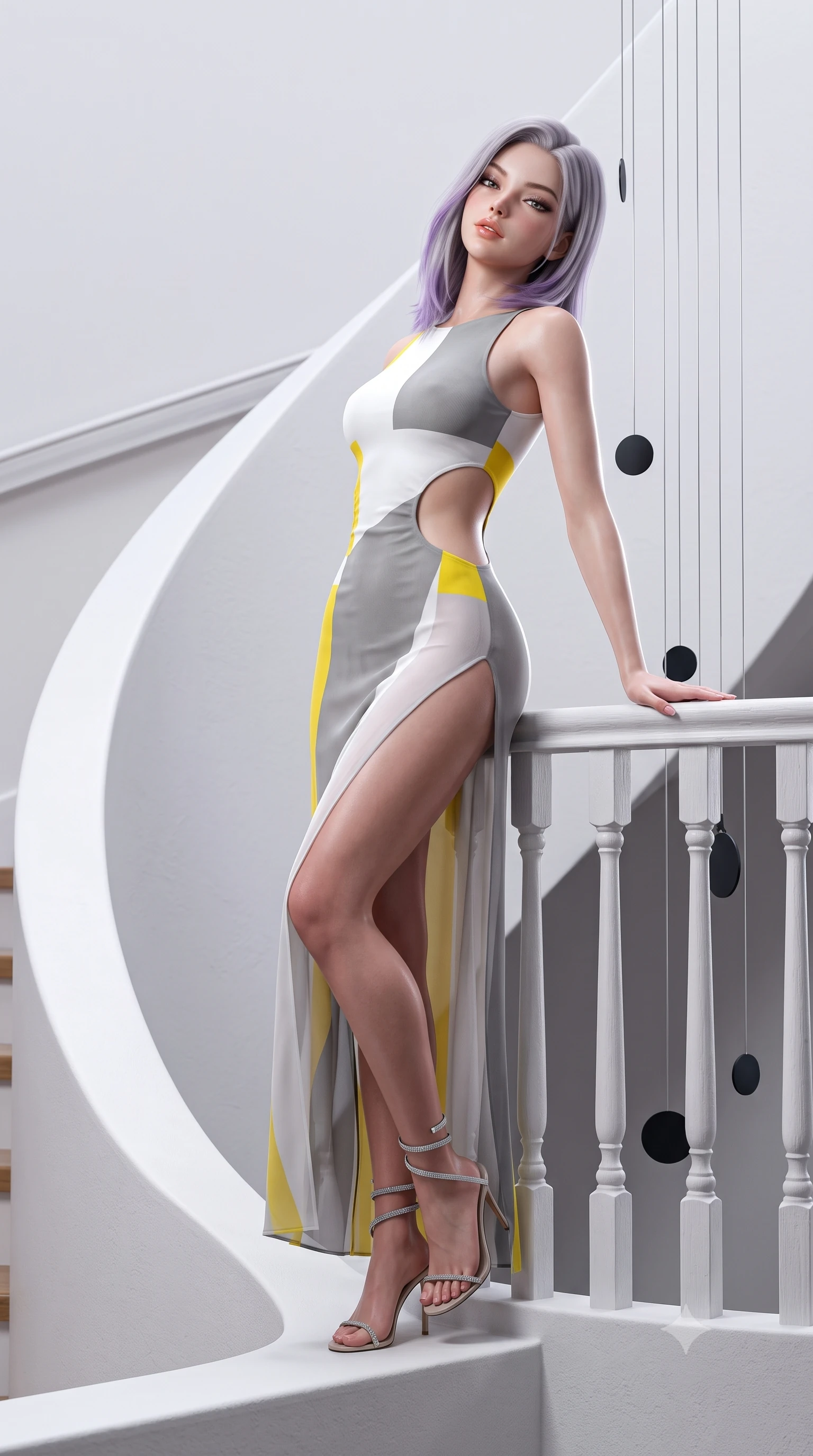 score_9, masterpiece, best quality, ultra-detailed, high-budget anime keyframe, semi-realistic 3D game render, editorial fashion photography, tasteful artistic composition, Caucasian woman. close-up cowboy shot from the waist and thighs up, the character dominates the composition, filling the frame with her large presence. leaning back against the balustrade with relaxed seductive grace, head tilted back slightly while casting a hypnotic, heavy-lidded gaze while standing poised on the curving white parapet of the spiral ramp, arching her spine with effortless avant-garde dancer grace. The surrounding environment is rendered in vivid detail and crisp panoramic clarity: sharp smooth plaster ramp curvature, ultra-thin steel mobile suspension wire, and painted black aluminum disc edges in deep focus. She has an exceptionally elegant, slender, and willowy female figure with an ultra-slim waist, flat toned midriff, narrow ribcage, and sculpted feminine hips creating an alluring, slim hourglass silhouette without bulk. sharp v-shaped jawline, high-bridge nose, sparkling eyes with hypnotic seductive depth, thick curled eyelashes, glossy parted lips with a natural dewy peach sheen, alluring bedroom-eyes with an enchanting coquettish smile, exuding magnetic siren charisma and sophisticated glamour, flawlessly proportioned anatomical accuracy, strict slender model proportions, natural body alignment, perfectly sculpted long slender limbs, ultra-slim waistline, clean dynamic posture without body distortion. wearing a sculptural liquid jersey column dress with a dramatic hip-high side slit and asymmetrical cutout waist darts in Bauhaus optic white and concrete grey with primary yellow accents, made of sheer gossamer chiffon that drapes softly against skin with airy translucence, complemented by strappy stiletto sandals with crystal ankle wraps accentuating her slender calves, the liquid-tight tailored fabric clinging flawlessly to her narrow waist and rounded feminine hips, emphasizing every millimeter of her sculpted slim hourglass curves without any bulky heaviness. illuminated by curved white wall bounce and sharp platinum-white rim lights defining her delicate clavicles, ultra-slim waist, and curvy hips. highly saturated vibrant anime colors, detailed shading with soft gradients, rich glossy textures, high-contrast stereoscopic depth, volumetric dynamic lighting, master piece, 9:16 ratio