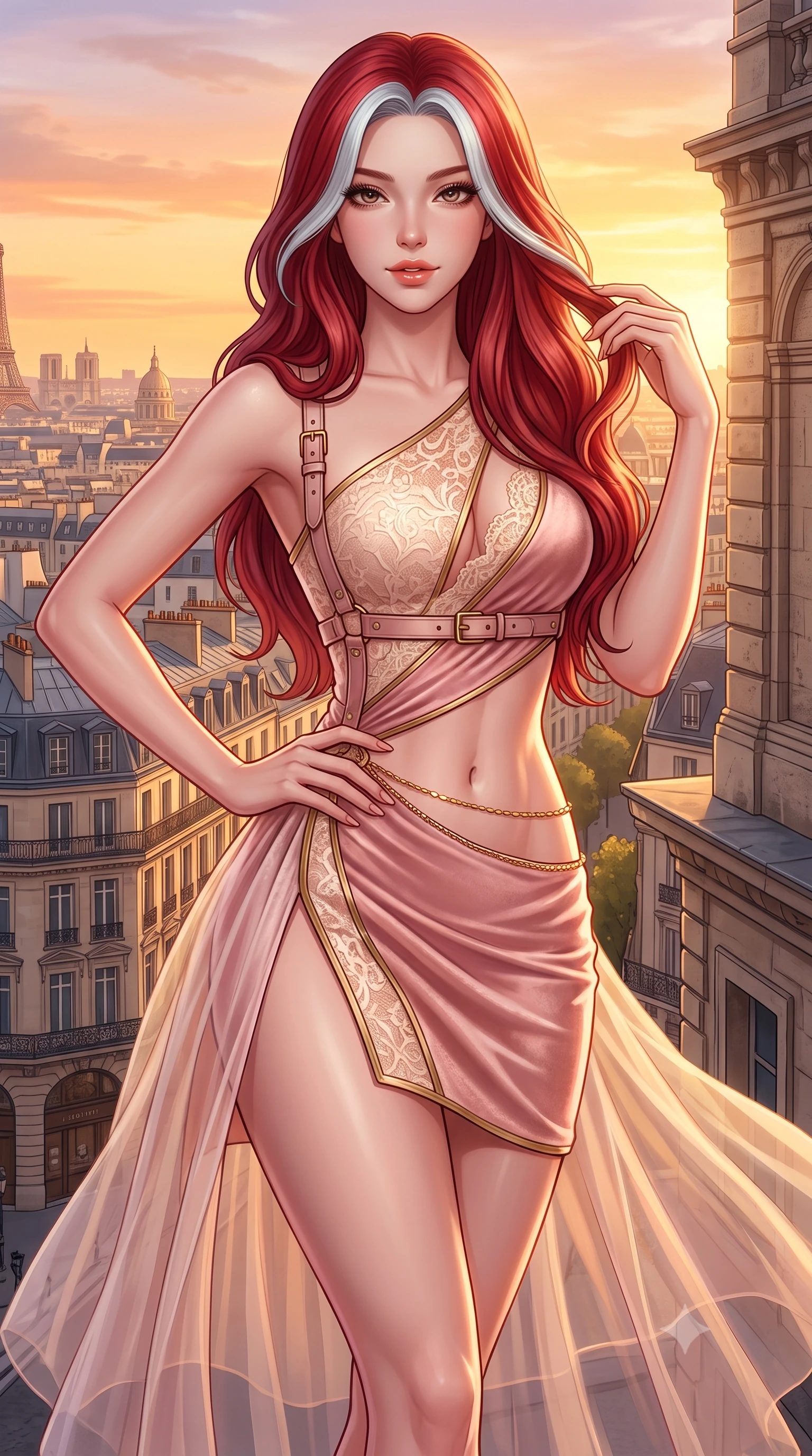score_9, masterpiece, best quality, ultra-detailed, high-budget anime keyframe, semi-realistic 3D game render, editorial fashion photography, tasteful artistic composition, Caucasian woman. close-up cowboy shot from the waist and thighs up, the character dominates the composition, filling the frame with her large presence. twisting her slender torso in an alluring contrapposto stance, one hand resting on her sculpted hip while her fingers toy with her hair with effortless poise while twisting her slender torso in an alluring S-curve, golden hour winds molding her sheer tulle skirt to her long slender legs and curvy hips. The surrounding environment is rendered in vivid detail and crisp panoramic clarity: detailed ballet leotard cling, sun-kissed skin glow, and Parisian haussmann architecture in razor-sharp precision. She has an exceptionally elegant, slender, and willowy female figure with an ultra-slim waist, flat toned midriff, narrow ribcage, and sculpted feminine hips creating an alluring, slim hourglass silhouette without bulk. sharp v-shaped jawline, high-bridge nose, sparkling eyes with hypnotic seductive depth, thick curled eyelashes, glossy parted lips with a natural dewy peach sheen, alluring bedroom-eyes with an enchanting coquettish smile, exuding magnetic siren charisma and sophisticated glamour, flawlessly proportioned anatomical accuracy, strict slender model proportions, natural body alignment, perfectly sculpted long slender limbs, ultra-slim waistline, clean dynamic posture without body distortion. wearing an asymmetric one-shoulder tactical compression mini dress with a dramatic hip-high slit and utility harness belt in blush ballerina pink and warm ivory lace with antique gold trims, tailored from ultra-plush velvet with rich tactile depth and deep shadow gradients, accented with a dainty gold belly chain resting across her flat midriff and curving hips, the glove-like clinging cut tightly following the natural contour of her hips and long slender legs with youthful 8.5-heads elegance. bathed in molten golden hour sunset light washing horizontally across the Parisian skyline. highly saturated vibrant anime colors, detailed shading with soft gradients, rich glossy textures, high-contrast stereoscopic depth, volumetric dynamic lighting, master piece, 9:16 ratio