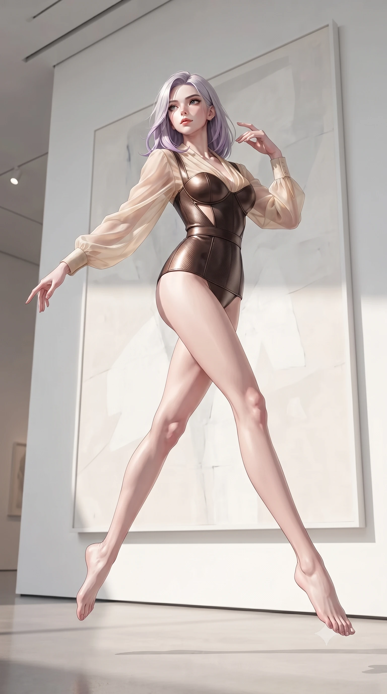 score_9, masterpiece, best quality, ultra-detailed, high-budget anime keyframe, editorial fashion photography, tasteful artistic composition, Caucasian woman. low angle full-body shot from head to toe showing her feet, filling the entire 9:16 vertical frame with her statuesque presence, stretching her vertical silhouette. leaping gracefully through the environment with statuesque elegance and long slender legs standing before a giant minimalist abstract canvas in a sunlit art gallery, ultra-clean white architectural lines creating a minimalist high-end frame. She has an absolutely perfect, statuesque 8.5-heads proportion, an exceptionally tall and slender model-like female figure with impossibly long slender legs and an ultra-slim waist. sharp v-shaped jawline, high-bridge nose, intricate jewel-like eyes with depth, thick eyelashes, glossy lips with a natural sheen. wearing a tailored leather bustier over a sheer silk chiffon blouse in espresso brown and warm cream, made of fine carbon-fiber weave and soft matte leather, featuring clean architectural cutouts along her slender torso, the elegant draped fit framing her graceful clavicle and slender torso. bathed in bright white museum key light with sharp editorial side shadows. ultra-reflective glossy finish, specular highlights, metallic sheen, high-contrast stereoscopic depth, volumetric dynamic lighting, 2k, ultra detail, master piece, 9:16 ratio