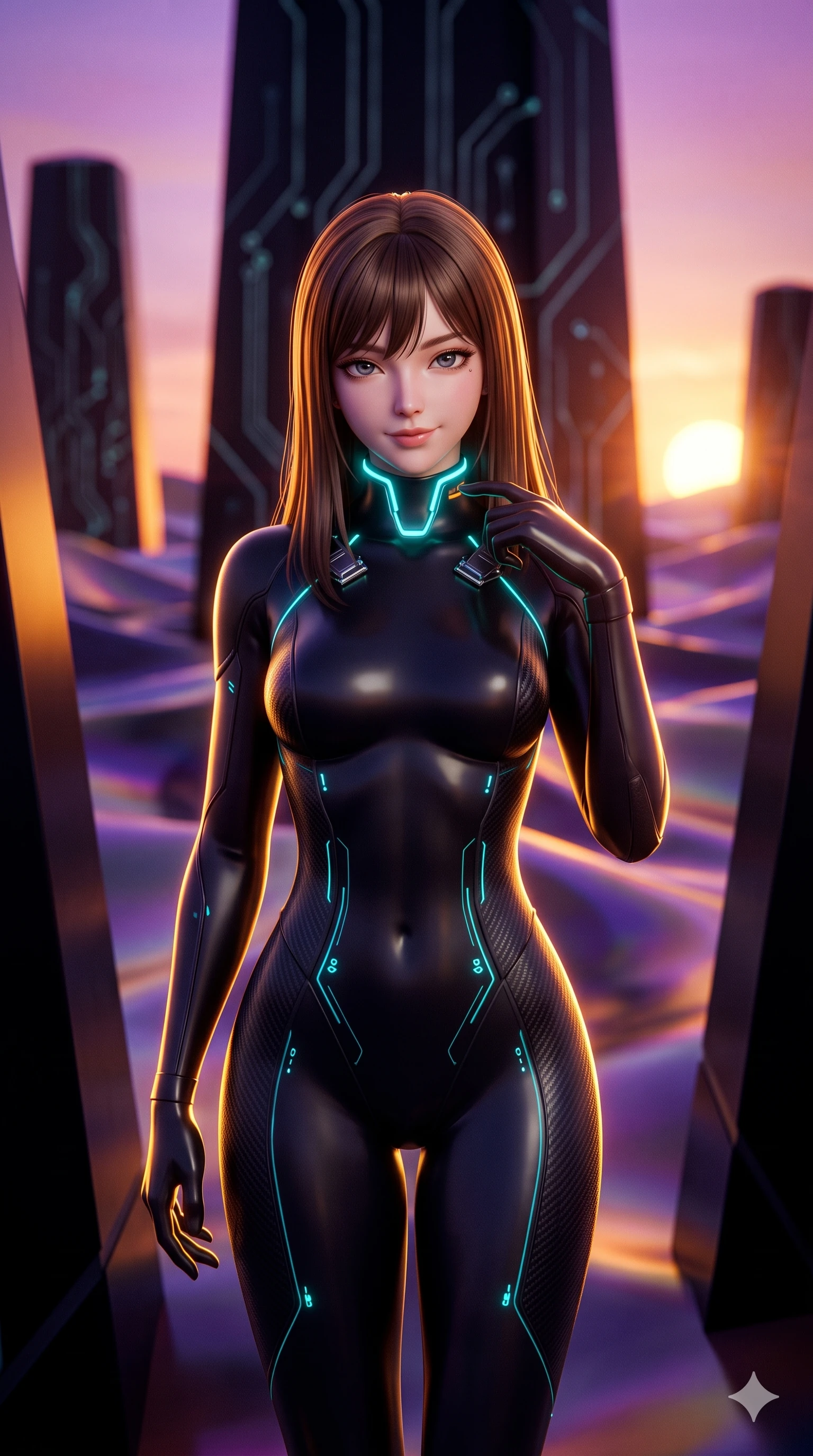 score_9, masterpiece, best quality, ultra-detailed, high-budget anime keyframe, semi-realistic 3D game render, editorial fashion photography, tasteful artistic composition, Korean woman. close-up cowboy shot from the waist and thighs up, the character dominates the composition, filling the frame with her large presence. tilting her head with a teasing half-smile, running one finger slowly along her glowing comm-link collar in a flirtatious gesture while standing poised between colossal black obsidian monoliths rising from alien dunes, arching her back with sovereign ancient-future grace under twin setting suns. The background shows a soft-focus colossal geometric black obsidian monoliths, glowing alien circuit veins, and endless ripples of iridescent glass dunes blurred into violet, amber, and obsidian bokeh. She has an exceptionally elegant, slender, and willowy female figure with an ultra-slim waist, flat toned midriff, narrow ribcage, and sculpted feminine hips creating an alluring, slim hourglass silhouette without bulk. sharp v-shaped jawline, high-bridge nose, intricate jewel-like sparkling eyes with depth, thick eyelashes, glossy parted lips with a natural sheen, bright confident smile with an enchanting and coquettish sensual glint, exuding both youthful magnetic charm and sovereign high-tech allure, flawlessly proportioned anatomical accuracy, strict slender model proportions, natural body alignment, perfectly sculpted long slender limbs, ultra-slim waistline, clean dynamic posture without body distortion. wearing a form-fitting cybernetic combat suit in matte black latex and carbon fiber, tracing her willowy silhouette with a high neck in matte obsidian black and glowing neon cyan trim, formed from supple thermal silicone composite adhering seamlessly like a second skin, finished with high-tension magnetic quick-release clasps glinting along her collarbones, the form-fitting tactical tailoring adhering flawlessly to her sculpted flat midriff and slender torso, emphasizing her long leg lines and perfectly proportioned willowy build. illuminated by glowing monolith circuit veins and sharp golden-amber rim lights sculpting her razor-sharp jawline, narrow waist, and curvy hips. highly saturated vibrant anime colors, detailed shading with soft gradients, rich glossy textures, high-contrast stereoscopic depth, volumetric dynamic lighting, master piece, 9:16 ratio