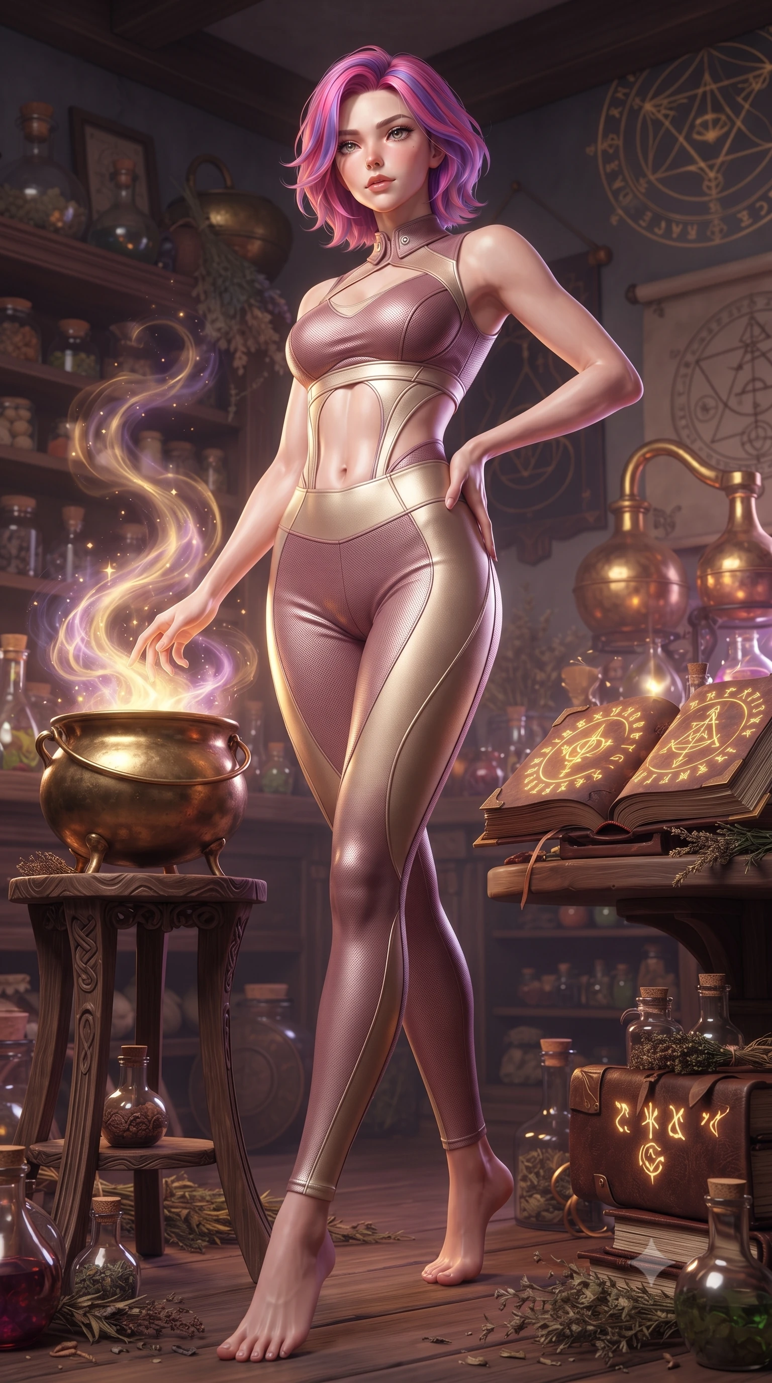 score_9, masterpiece, best quality, ultra-detailed, high-budget anime keyframe, editorial fashion photography, tasteful artistic composition, Caucasian woman. low angle full-body shot from head to toe showing her feet, filling the entire 9:16 vertical frame with her statuesque presence, stretching her vertical silhouette. navigating the luminous space with effortless poise, displaying her perfect model proportions poised beside a brass potion cauldron emitting glowing golden and violet vapors, leather-bound grimoires with glowing gold arcane runes open nearby. She has an absolutely perfect, statuesque 8.5-heads proportion, an exceptionally tall and slender model-like female figure with impossibly long slender legs and an ultra-slim waist. sharp v-shaped jawline, high-bridge nose, intricate jewel-like eyes with depth, thick eyelashes, glossy lips with a natural sheen. wearing a form-fitting ribbed activewear set with collar cutouts in dusty rose and champagne gold, made of fine carbon-fiber weave and soft matte leather, featuring clean architectural cutouts along her slender torso, the tailored fabric tightly following every curve of her athletic build. surrounded by a cozy, magical atmosphere with rich warm tones. ultra-reflective glossy finish, specular highlights, metallic sheen, high-contrast stereoscopic depth, volumetric dynamic lighting, 2k, ultra detail, master piece, 9:16 ratio