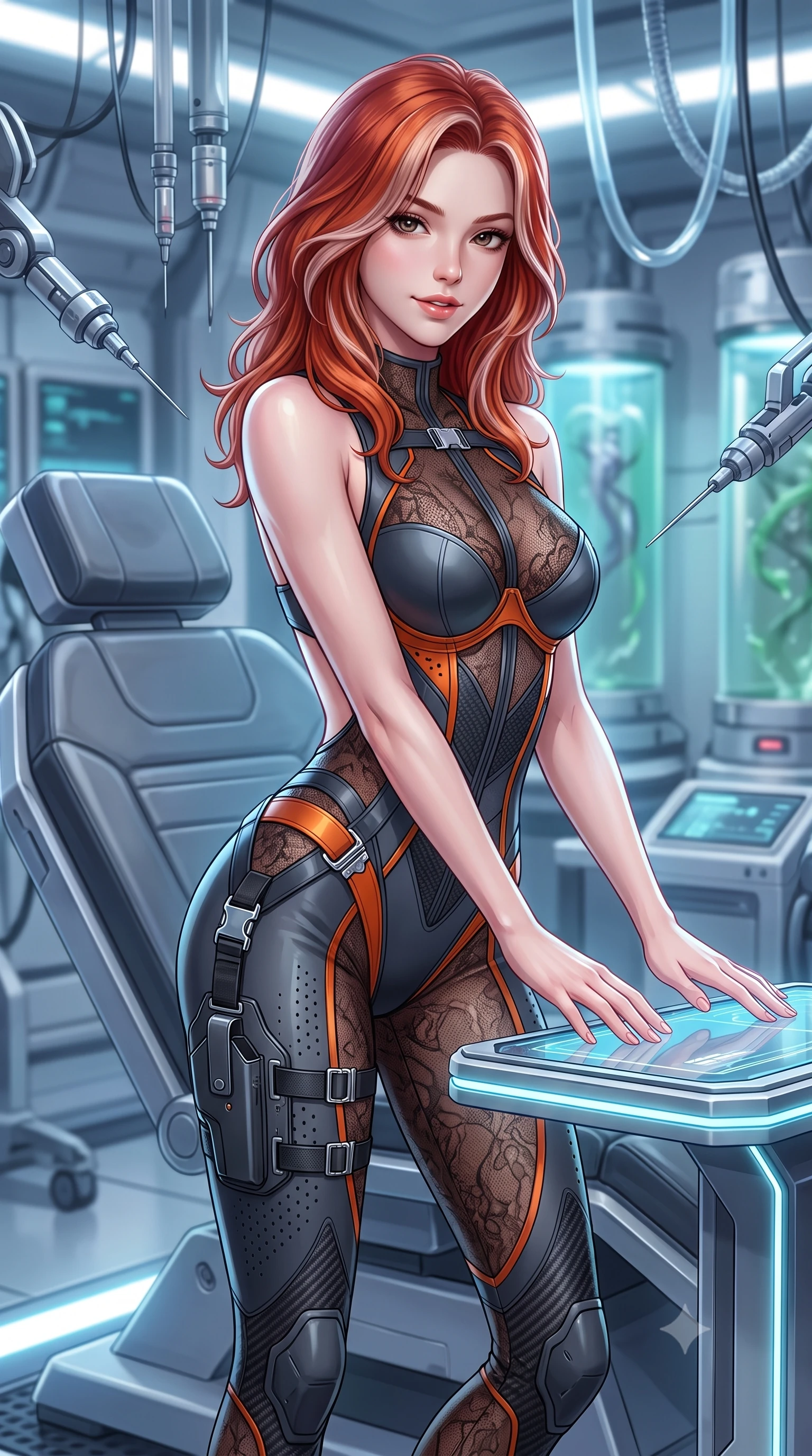 score_9, masterpiece, best quality, ultra-detailed, high-budget anime keyframe, semi-realistic 3D game render, editorial fashion photography, tasteful artistic composition, Caucasian woman. close-up cowboy shot from the waist and thighs up, the character dominates the composition, filling the frame with her large presence. resting both hands lightly on the holoscreen pedestal while leaning toward the lens with a teasing smirk, her tight combat suit hugging her narrow waist and feminine hip curve while lounging gracefully on an ergonomic anti-gravity examination recliner, her long slender limbs and hourglass curves radiating high-tech allure. The background shows a soft-focus suspended robotic calibration needles and sterile bio-gel tanks softened in advanced laboratory shallow focus. She has an exceptionally elegant, slender, and willowy female figure with an ultra-slim waist, flat toned midriff, narrow ribcage, and sculpted feminine hips creating an alluring, slim hourglass silhouette without bulk. sharp v-shaped jawline, high-bridge nose, intricate jewel-like sparkling eyes with depth, thick eyelashes, glossy parted lips with a natural sheen, bright confident smile with an enchanting and coquettish sensual glint, exuding both youthful magnetic charm and sovereign high-tech allure, flawlessly proportioned anatomical accuracy, strict slender model proportions, natural body alignment, perfectly sculpted long slender limbs, ultra-slim waistline, clean dynamic posture without body distortion. wearing a sheer technical lace and carbon composite bodysuit with architectural cup boning and open back in stealth charcoal slate and molten laser orange, made of high-grade ballistic nylon with precision laser-cut perforations, finished with polished chrome buckle hardware and modular magnetic holster clasps, the form-fitting tactical tailoring adhering flawlessly to her sculpted flat midriff and slender torso, emphasizing her long leg lines and perfectly proportioned willowy build. illuminated by floor light strips and sharp icy-platinum rim lights defining her sculpted collarbones, ultra-slim waist, and curvy hips. highly saturated vibrant anime colors, detailed shading with soft gradients, rich glossy textures, high-contrast stereoscopic depth, volumetric dynamic lighting, master piece, 9:16 ratio