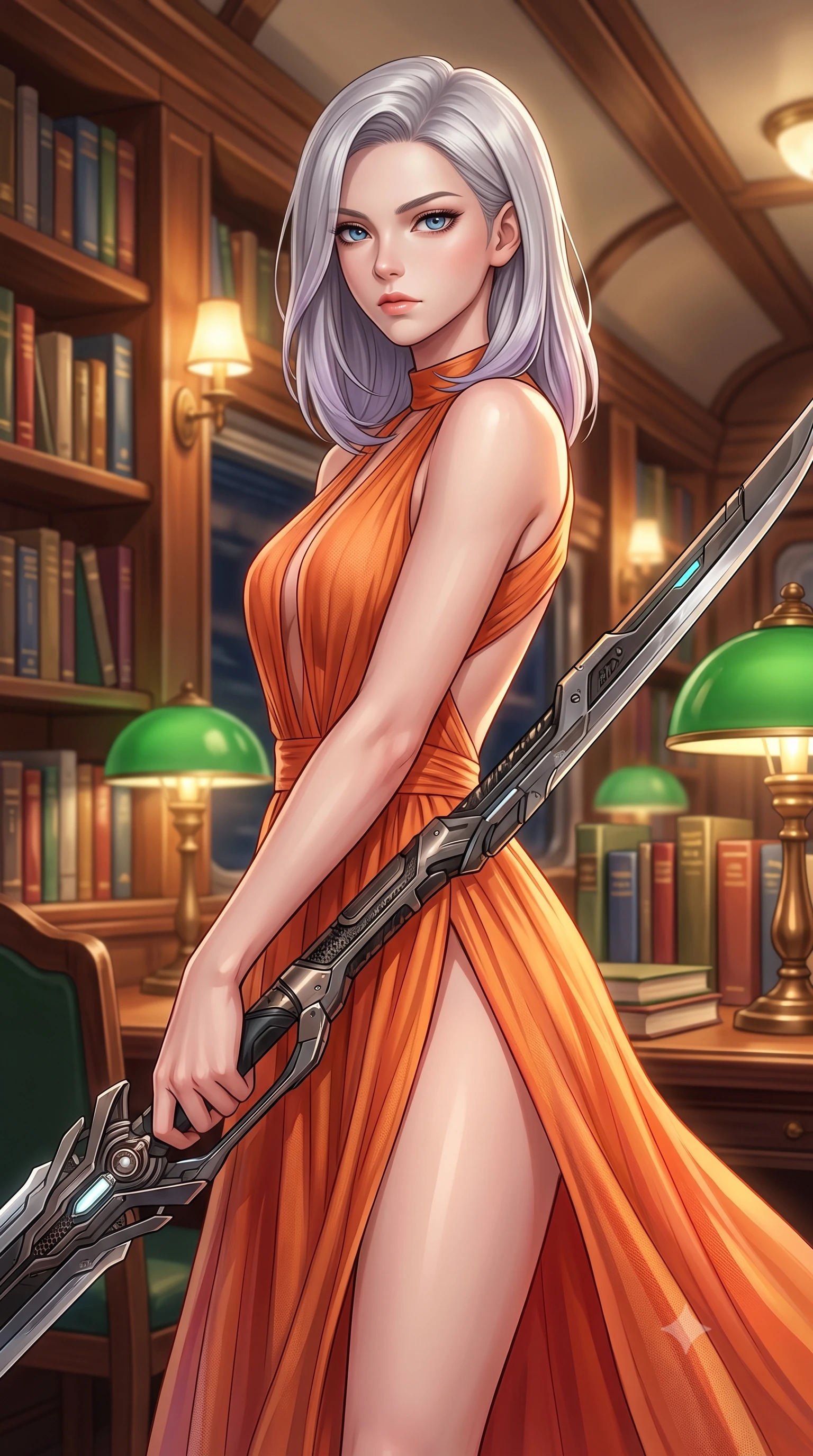 score_9, masterpiece, best quality, ultra-detailed, high-budget anime keyframe, editorial fashion photography, tasteful artistic composition, Caucasian woman. close-up cowboy shot from the waist and thighs up, the character dominates the composition, filling the frame with her large presence, background elements kept in soft focus. holding a deactivated nanotech glaive, looking past the camera with quiet, sharp focus and a composed expression, the background shows a soft-focus a train library car with wood-lined shelves and green reading lamps. She has an exceptionally elegant, slender, and willowy female figure with an ultra-slim waist, a gracefully sculpted slender torso, and a refined silhouette. sharp v-shaped jawline, high-bridge nose, intricate jewel-like eyes with depth, thick eyelashes, glossy lips with a natural sheen. wearing a tailored high-slit space combat gown in sunset orange chiffon, featuring a daring thigh-slit and an open-back design. soft warm glow from reading lamps creating a quiet, focused mood. highly saturated vibrant anime colors, detailed shading with soft gradients, rich glossy textures, high-contrast stereoscopic depth, volumetric dynamic lighting, master piece, 9:16 ratio