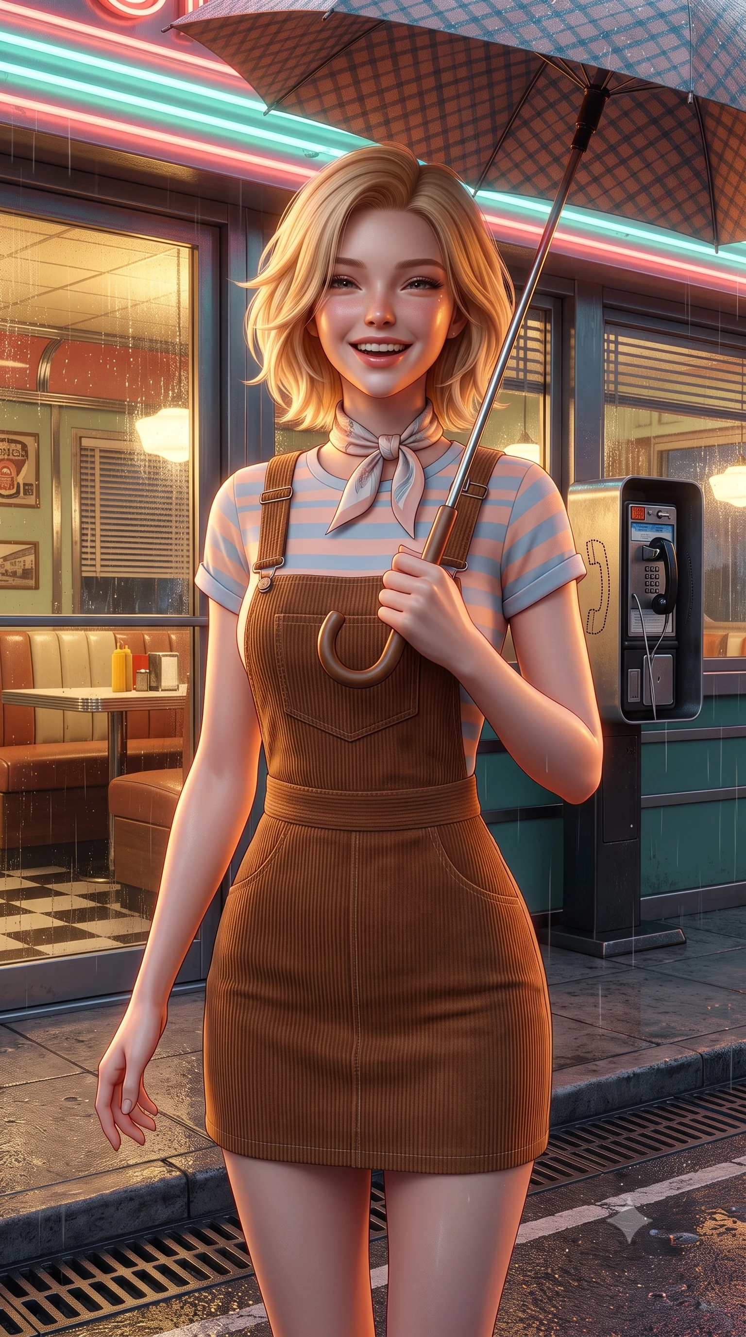 score_9, masterpiece, best quality, ultra-detailed, high-budget anime keyframe, semi-realistic 3D game render, editorial fashion photography, tasteful artistic composition, Caucasian woman. close-up cowboy shot from the waist and thighs up, the character dominates the composition, filling the frame with her large presence. laughing softly with genuine, enchanting warmth, eyes crinkling sweetly as specular highlights illuminate her cheeks while standing under the neon diner awning shaking raindrops from her umbrella with a sweet, radiant laugh. The surrounding environment is rendered in vivid detail and crisp panoramic clarity. detailed vintage diner booth interiors visible through glass, telephone coin slots, and drain grates in high clarity. She has an exceptionally elegant, slender, and willowy female figure with an ultra-slim waist, a gracefully sculpted slender torso, toned flat midriff, and a refined slim silhouette. sharp v-shaped jawline, high-bridge nose, intricate jewel-like eyes with depth, thick eyelashes, glossy lips with a natural sheen, captivating and magnetic expression, flawlessly proportioned anatomical accuracy, strict slender model proportions, natural body alignment, perfectly sculpted long slender limbs, ultra-slim waistline, clean dynamic posture without body distortion. wearing a vintage corduroy dungaree dress layered over a pastel striped baby-tee with rolled cuffs in soft peach and French sky blue, tailored from soft fine-wale corduroy with rich velvety texture, complemented by a delicate silk scarf tied playfully around her neck, the sleek tailored cut tightly hugging her graceful clavicle, narrow waist, and feminine curves with statuesque precision. illuminated by warm golden diner window key light sculpting her cheekbones and joyful expression. highly saturated vibrant anime colors, detailed shading with soft gradients, rich glossy textures, high-contrast stereoscopic depth, volumetric dynamic lighting, master piece, 9:16 ratio