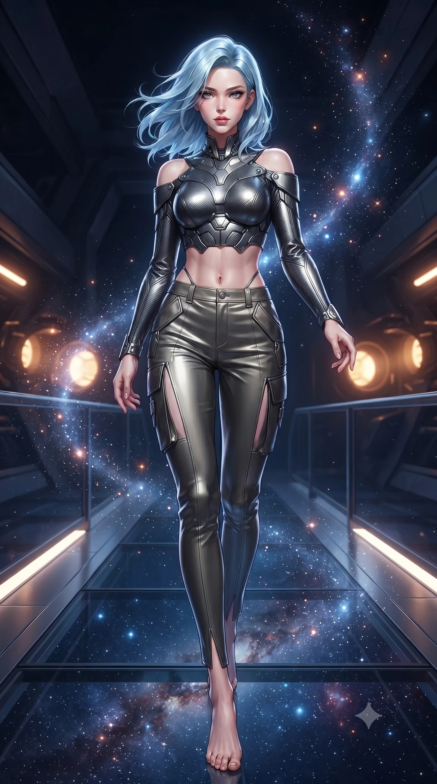 score_9, masterpiece, best quality, ultra-detailed, high-budget anime keyframe, editorial fashion photography, tasteful artistic composition, Korean woman. low angle full-body shot from head to toe showing her feet, filling the entire 9:16 vertical frame with her statuesque presence, stretching her vertical silhouette. stepping gracefully through floating stardust particles, her body-contouring suit showing her athletic, slender silhouette, the background shows a soft-focus a cosmic skybridge with glass floor showing stars and cosmic dust below. She has an absolutely perfect, statuesque 8.5-heads proportion, an exceptionally tall and slender model-like female figure with impossibly long slender legs and an ultra-slim waist. sharp v-shaped jawline, high-bridge nose, intricate jewel-like eyes with depth, thick eyelashes, glossy lips with a natural sheen. wearing a slim-fit off-shoulder carbon-fiber armor top paired with high-slit tactical cargo pants, showing her delicately sculpted midriff. soft silver starlight contrasting with the warm amber glow of nearby engines. ultra-reflective glossy finish, specular highlights, metallic sheen, high-contrast stereoscopic depth, volumetric dynamic lighting, 2k, ultra detail, master piece, 9:16 ratio
