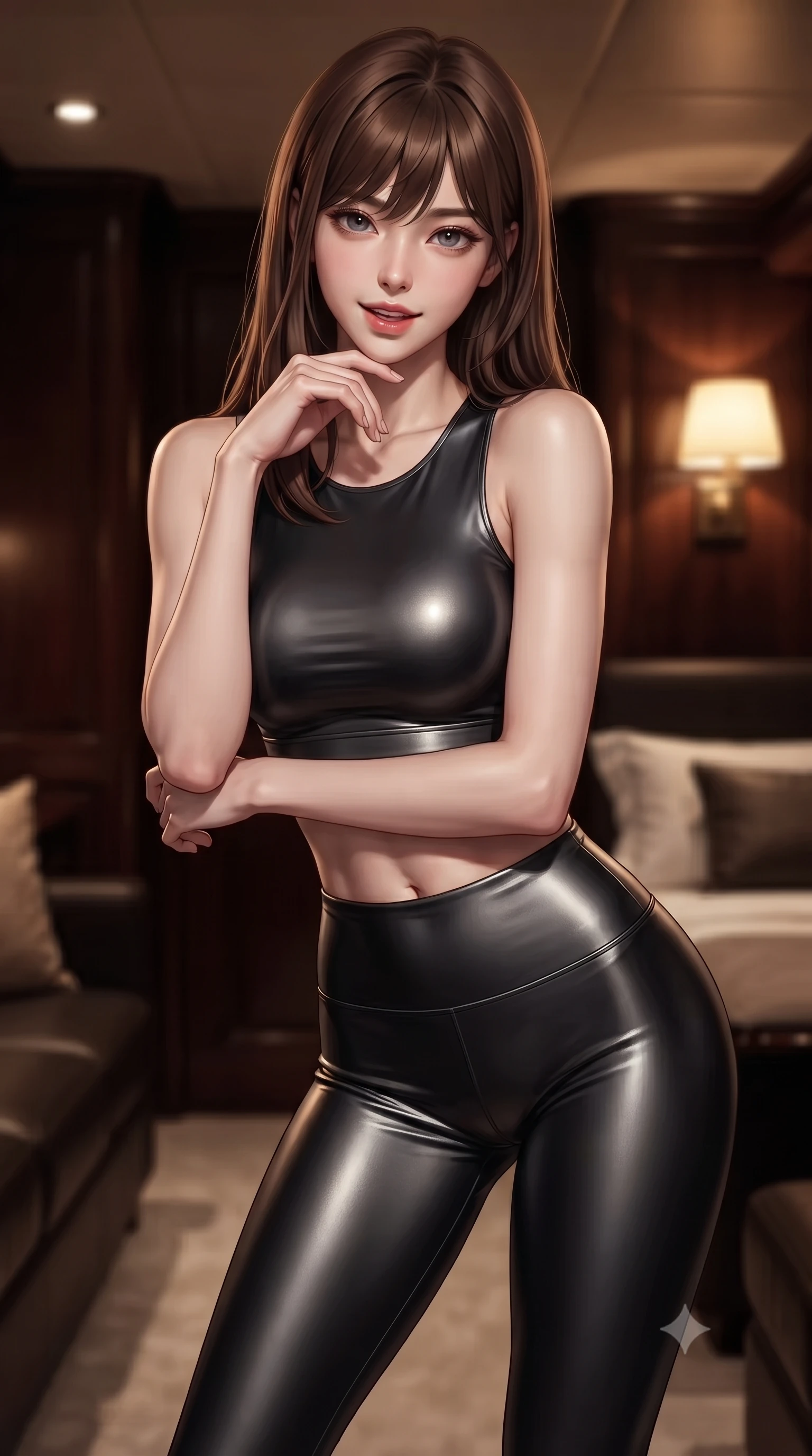 score_9, masterpiece, best quality, ultra-detailed, high-budget anime keyframe, editorial fashion photography, tasteful artistic composition, Korean woman. close-up cowboy shot from the waist and thighs up, the character dominates the composition, filling the frame with her large presence, background elements kept in soft focus. leaning slightly forward with a playful, teasing smile, her gaze locked onto the viewer with lips parted in a composed pose, the background shows a soft-focus a yacht private cabin with dark mahogany wood panels and silk sheets. She has an exceptionally elegant, slender, and willowy female figure with an ultra-slim waist, a gracefully sculpted slender torso, and a refined silhouette. sharp v-shaped jawline, high-bridge nose, intricate jewel-like eyes with depth, thick eyelashes, glossy lips with a natural sheen. wearing a body-hugging form-fitting athletic crop top and matching high-waisted compression leggings in sleek carbon-black tech fabric. warm golden lamplight casting cozy, intimate shadows on her outfit. ultra-reflective glossy finish, specular highlights, metallic sheen, high-contrast stereoscopic depth, volumetric dynamic lighting, 2k, ultra detail, master piece, 9:16 ratio