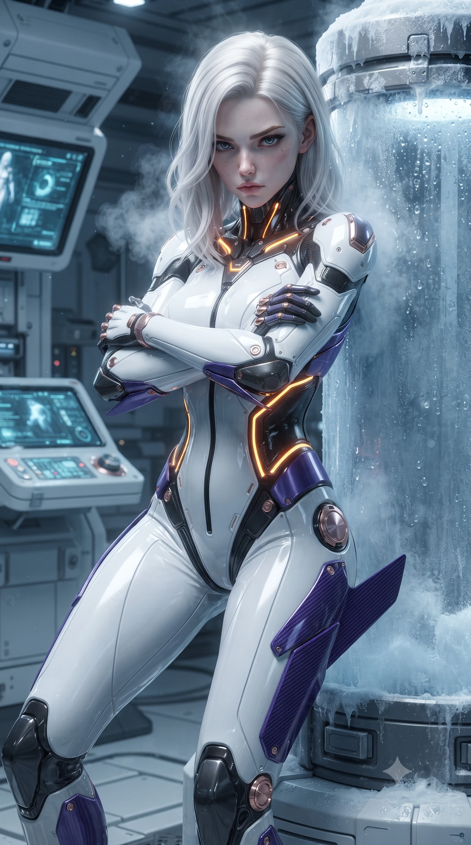 score_9, masterpiece, best quality, ultra-detailed, high-budget anime keyframe, editorial fashion photography, tasteful artistic composition, Caucasian woman. close-up cowboy shot from the waist and thighs up, the character dominates the composition, filling the frame with her large presence. shifting into a low cat-stance with arms crossed defensively, glowing energy conduits tracing her ultra-slim waist and sculpted clavicle while resting against a frost-covered stasis cylinder with arms folded, casting a cool, smoldering gaze through ice vapor. The surrounding environment is rendered in vivid detail and crisp panoramic clarity. detailed stasis pod control interfaces, condensation beads, and carbon suit thermal seams in high resolution. She has an exceptionally elegant, slender, and willowy female figure with an ultra-slim waist, a gracefully sculpted slender torso, toned flat midriff, and a refined slim silhouette. sharp v-shaped jawline, high-bridge nose, intricate jewel-like eyes with depth, thick eyelashes, glossy lips with a natural sheen, flawlessly proportioned anatomical accuracy, strict slender model proportions, natural body alignment, perfectly sculpted long slender limbs, ultra-slim waistline, clean dynamic posture without body distortion. wearing a high-contrast monochrome white-and-black carbon-composite exoskeleton suit with glowing amber circuitry and aerodynamic limb fins in royal purple carbon fiber with rose-gold hardware and clasps, made of liquid carbon-jersey fabric adhering flawlessly to her sculpted silhouette, detailed with magnetic knuckle shock-absorbers and polished chrome articulation joints, the glove-like aerodynamic second-skin fit tightly clinging to her ultra-slender waist and athletic curves without adding bulk, accentuating her razor-sharp statuesque lines and slim hourglass silhouette. surrounded by a cool, lethal, and breathtakingly alluring frost-martial-goddess aura. ultra-reflective glossy finish, specular highlights, dark metallic sheen, high-contrast stereoscopic depth, volumetric dynamic lighting, 2k, ultra detail, master piece, 9:16 ratio