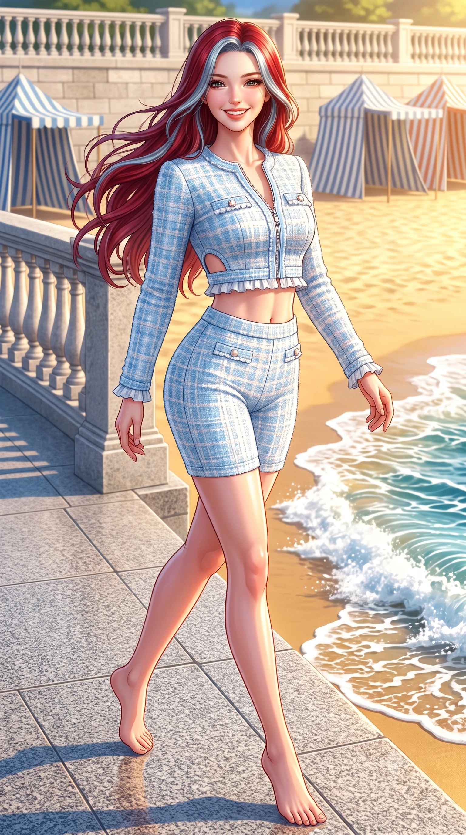 score_9, masterpiece, best quality, ultra-detailed, high-budget anime keyframe, semi-realistic 3D game render, editorial fashion photography, tasteful artistic composition, Caucasian woman. low angle full-body shot from head to toe showing her feet, filling the entire 9:16 vertical frame with her statuesque presence, stretching her vertical silhouette. stepping forward gracefully in mid-motion with a radiant beaming smile, hips swaying in an alluring kinetic rhythm that accentuates her curvy hourglass silhouette and long slender legs while striding along the grand oceanfront promenade, arching her back with an infectious, wind-kissed smile as Atlantic waves crash on golden sand. The surrounding environment is rendered in vivid detail and crisp panoramic clarity. sharp granite promenade balustrades, striped canvas tent textures, and ocean wave crest caustics in deep focus. She has an exceptionally tall and slender model-like 8.5-heads proportion, an ultra-slim waist, a flat toned midriff, narrow delicate ribcage, and beautifully sculpted feminine hips creating a graceful, slim hourglass silhouette without any bulky heaviness, with impossibly long slender legs. sharp v-shaped jawline, high-bridge nose, intricate jewel-like sparkling eyes with depth, thick eyelashes, glossy parted lips with a natural peach sheen, bright cheerful beaming smile with an enchanting and coquettish sensual glint, exuding both youthful cute charm and seductive allure, flawlessly proportioned anatomical accuracy, strict slender model proportions, natural body alignment, perfectly sculpted long slender limbs, ultra-slim waistline, clean dynamic posture without body distortion. wearing a sporty chic zip-up crop jacket paired with high-waisted biker shorts clinging to her athletic hips in soft baby blue and crisp cloud white, tailored from soft pastel tweed with subtle metallic shimmer, finished with subtle ruffle trims and delicate pearl buttons, the precision-cut side openings and low-back scoop framing her graceful spine and the sensual sweep of her slim, toned hips. bathed in brilliant golden hour Atlantic sunlight and intense golden sand bounce fill. highly saturated vibrant anime colors, detailed shading with soft gradients, rich glossy textures, high-contrast stereoscopic depth, volumetric dynamic lighting, master piece, 9:16 ratio