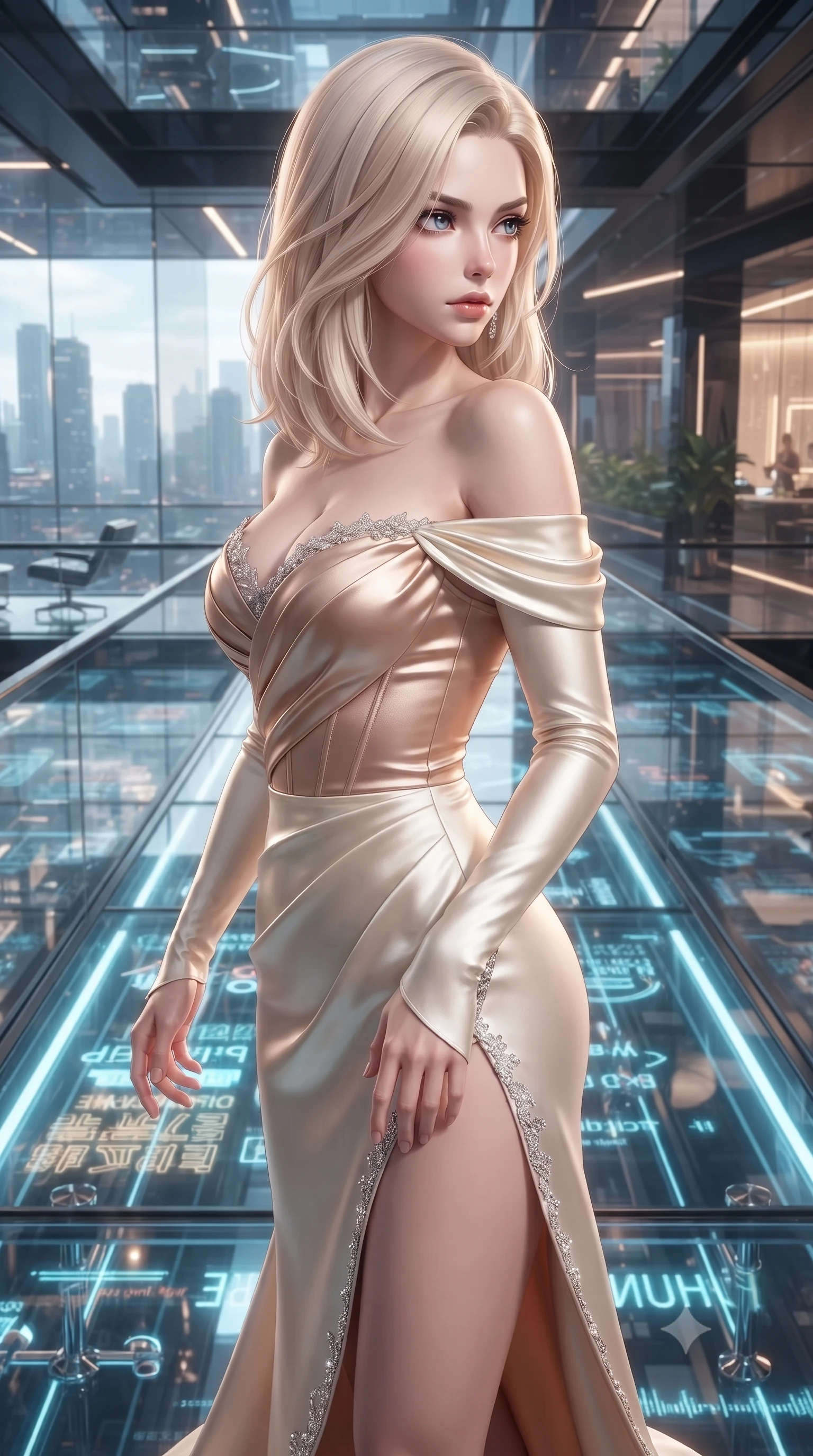 score_9, masterpiece, best quality, ultra-detailed, high-budget anime keyframe, editorial fashion photography, tasteful artistic composition, Caucasian woman. close-up cowboy shot from the waist and thighs up, the character dominates the composition, filling the frame with her large presence. turning over her shoulder with an indomitable, smoldering gaze, her soft hair framing her razor-sharp v-shaped jawline while striding across the luminous glass walkway with silent tactical footsteps and authoritative commander presence. The surrounding environment is rendered in vivid detail and crisp panoramic clarity. crystal-clear transparent glass floor panels, glowing holographic typography, and chrome furniture joints in deep focus. She has an exceptionally elegant, slender, and willowy female figure with an ultra-slim waist, a gracefully sculpted slender torso, toned flat midriff, and a refined slim silhouette. sharp v-shaped jawline, high-bridge nose, intricate jewel-like eyes with depth, thick eyelashes, glossy lips with a natural sheen, captivating and magnetic expression, flawlessly proportioned anatomical accuracy, strict slender model proportions, natural body alignment, perfectly sculpted long slender limbs, ultra-slim waistline, clean dynamic posture without body distortion. wearing a statuesque off-shoulder champagne satin gala dress featuring a thigh-high side slit and draped corset bodice in champagne ivory and rose gold, tailored from ultra-smooth duchess satin with a pearlescent sheen, finished with delicate crystal embroidery along the neckline and hem edition #16, the glove-like aerodynamic second-skin fit tightly clinging to her ultra-slender waist and athletic curves without adding bulk, accentuating her razor-sharp statuesque lines and slim hourglass silhouette. illuminated by crisp directional key light defining her razor-sharp jawline, eyes, and slender curves. ultra-reflective glossy finish, specular highlights, rich textural contrasts, high-contrast stereoscopic depth, volumetric dynamic lighting, 2k, ultra detail, master piece, 9:16 ratio