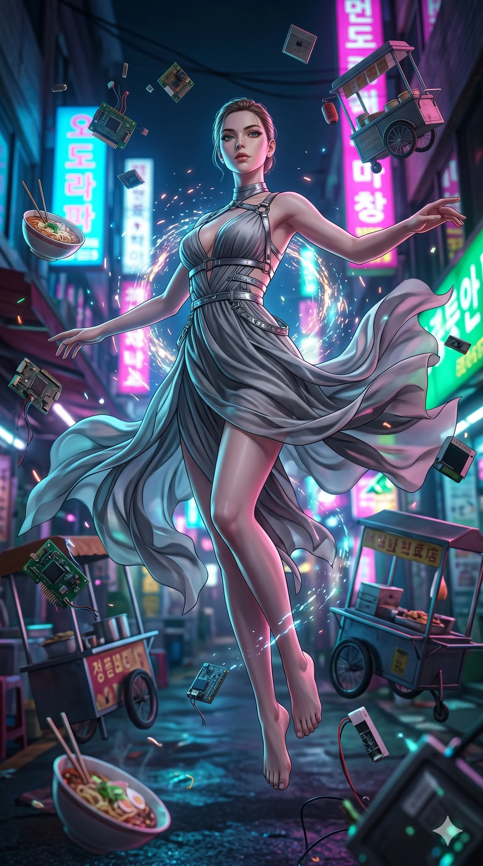 score_9, masterpiece, best quality, ultra-detailed, Set A: High-budget Anime Keyframe, Caucasian (strictly human ears) woman. Low angle cowboy shot filling the entire 9:16 frame with her statuesque presence. Floating through a neon-lit Neo-Seoul market, as gravity fails and everything around her floats in state 206 and surrounded by glowing energy sparks. She has an absolutely perfect 8-heads proportion, an exceptionally tall and slender female figure with impossibly long slender legs and an ultra-slim waist. Sharp v-shaped jawline, high-bridge nose, intricate jewel-like eyes with depth, thick eyelashes, glossy lips with a natural sheen. Wearing Avant-garde paper-thin silk dress that floats like smoke, with metallic straps. Cinematic lighting, vibrant colors, dramatic shadows, 2k, ultra detail, master piece, 9:16 ratio