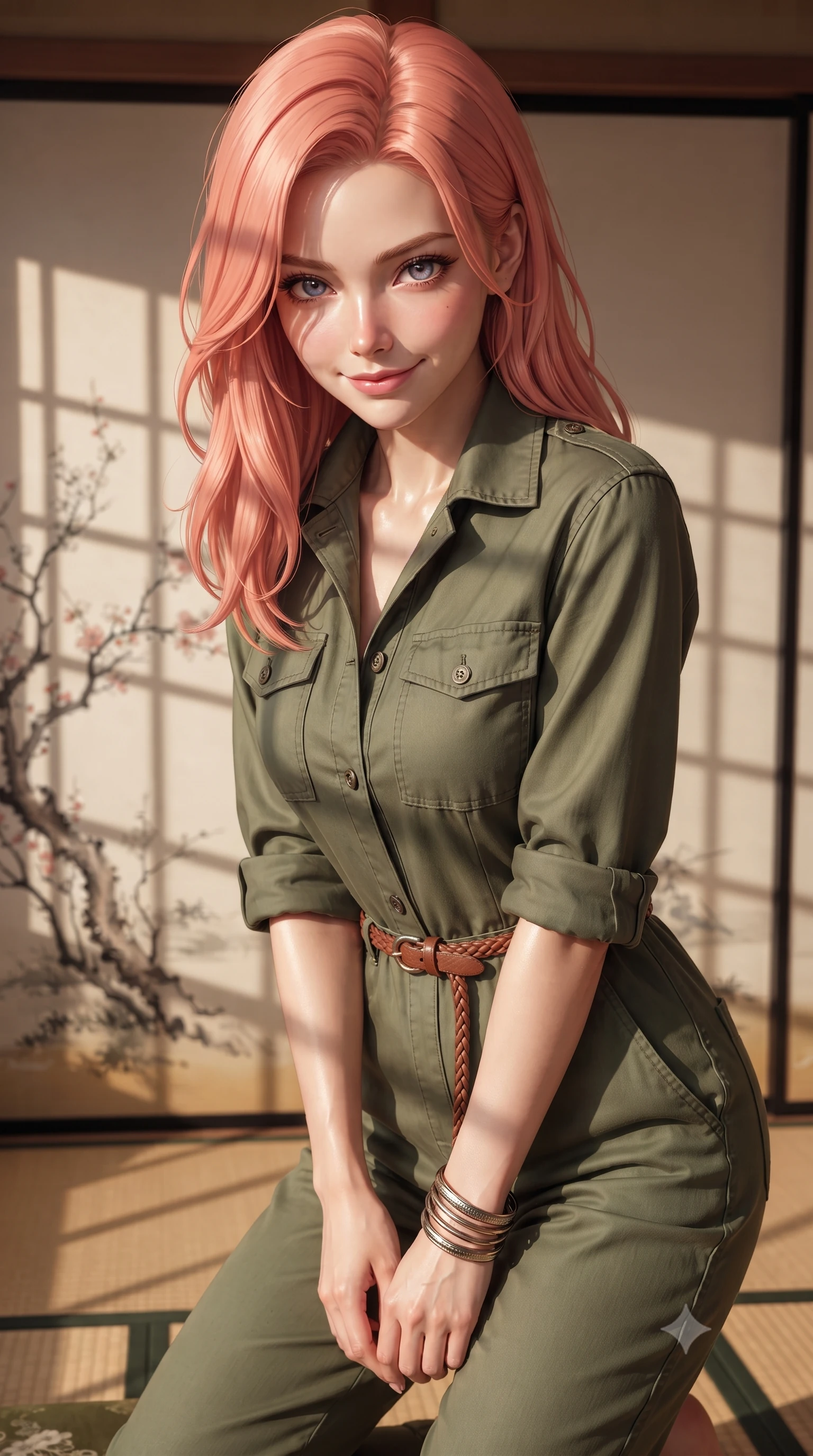score_9, masterpiece, best quality, ultra-detailed, high-budget anime keyframe, editorial fashion photography, tasteful artistic composition, Japanese woman. close-up cowboy shot from the waist and thighs up, the character dominates the composition, filling the frame with her large presence, background elements kept in soft focus. leaning slightly forward with a playful, teasing smile, her gaze locked onto the viewer the background shows a soft-focus a traditional paper screen bedroom decorated with delicate ink paintings. She has an exceptionally elegant, slender, and willowy female figure with an ultra-slim waist, a gracefully sculpted slender torso, and a refined silhouette. sharp v-shaped jawline, high-bridge nose, intricate jewel-like eyes with depth, thick eyelashes, glossy lips with a natural sheen. wearing a slim-fit comfortable olive green cotton utility jumpsuit with a structured collar and rolled-up sleeves. warm paper lanterns casting soft, diffused grid-like shadow lines. ultra-reflective glossy finish, specular highlights, metallic sheen, high-contrast stereoscopic depth, volumetric dynamic lighting, 2k, ultra detail, master piece, 9:16 ratio