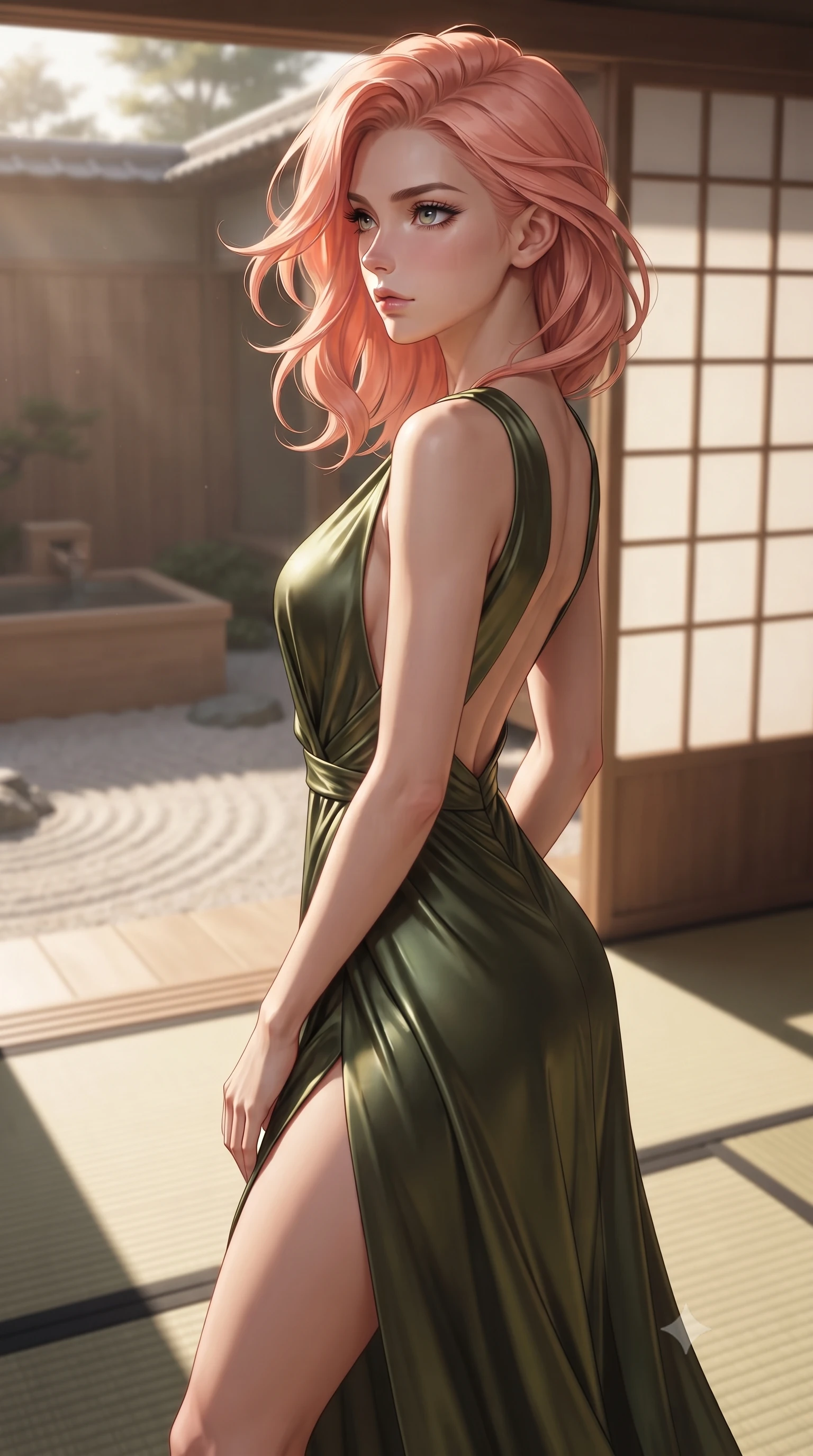 score_9, masterpiece, best quality, ultra-detailed, high-budget anime keyframe, editorial fashion photography, tasteful artistic composition, Japanese woman. close-up cowboy shot from the waist and thighs up, the character dominates the composition, filling the frame with her large presence, background elements kept in soft focus. turning her face in sharp profile, casting a cold, mysterious, yet intensely alluring side gaze, the background shows a soft-focus a traditional ryokan cypress wood bath (hinoki) facing a sand gravel garden. She has an exceptionally elegant, slender, and willowy female figure with an ultra-slim waist, a gracefully sculpted slender torso, and a refined silhouette. sharp v-shaped jawline, high-bridge nose, intricate jewel-like eyes with depth, thick eyelashes, glossy lips with a natural sheen. wearing a tailored dramatic open-back maxi dress in olive green, featuring a high thigh slit. soft late afternoon sunrays casting long wooden grid shadows on the tatami. ultra-reflective glossy finish, specular highlights, metallic sheen, high-contrast stereoscopic depth, volumetric dynamic lighting, 2k, ultra detail, master piece, 9:16 ratio
