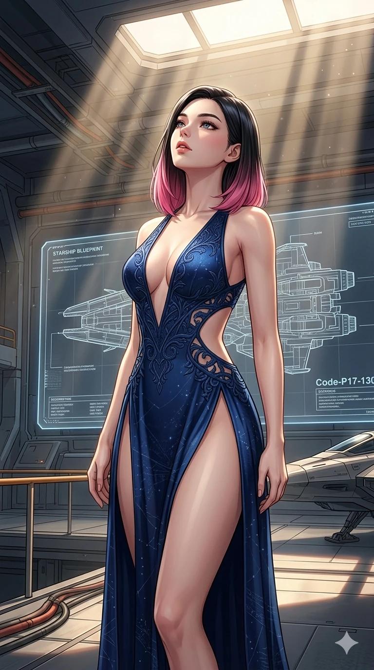 score_9, masterpiece, best quality, ultra-detailed, high-budget anime keyframe, editorial fashion photography, tasteful artistic composition, Korean woman. cowboy shot from the thighs up, character and outfit filling the frame for maximum editorial presence. tilting her head back slightly with a confident expression, her lips parted in a hangar bay with a starship blueprint (Code-P17-130). She has an absolutely perfect 8-heads proportion, an exceptionally tall and slender female figure with impossibly long slender legs and an ultra-slim waist. V-shaped jawline, high-bridge nose, intricate jewel-like eyes with depth, thick eyelashes, glossy lips with a natural sheen. wearing a high-slit gown with plunging neck and side cutouts. drenched in soft morning sunbeams flowing from a high window, creating a serene mood. 2k, ultra detail, master piece, 9:16 ratio