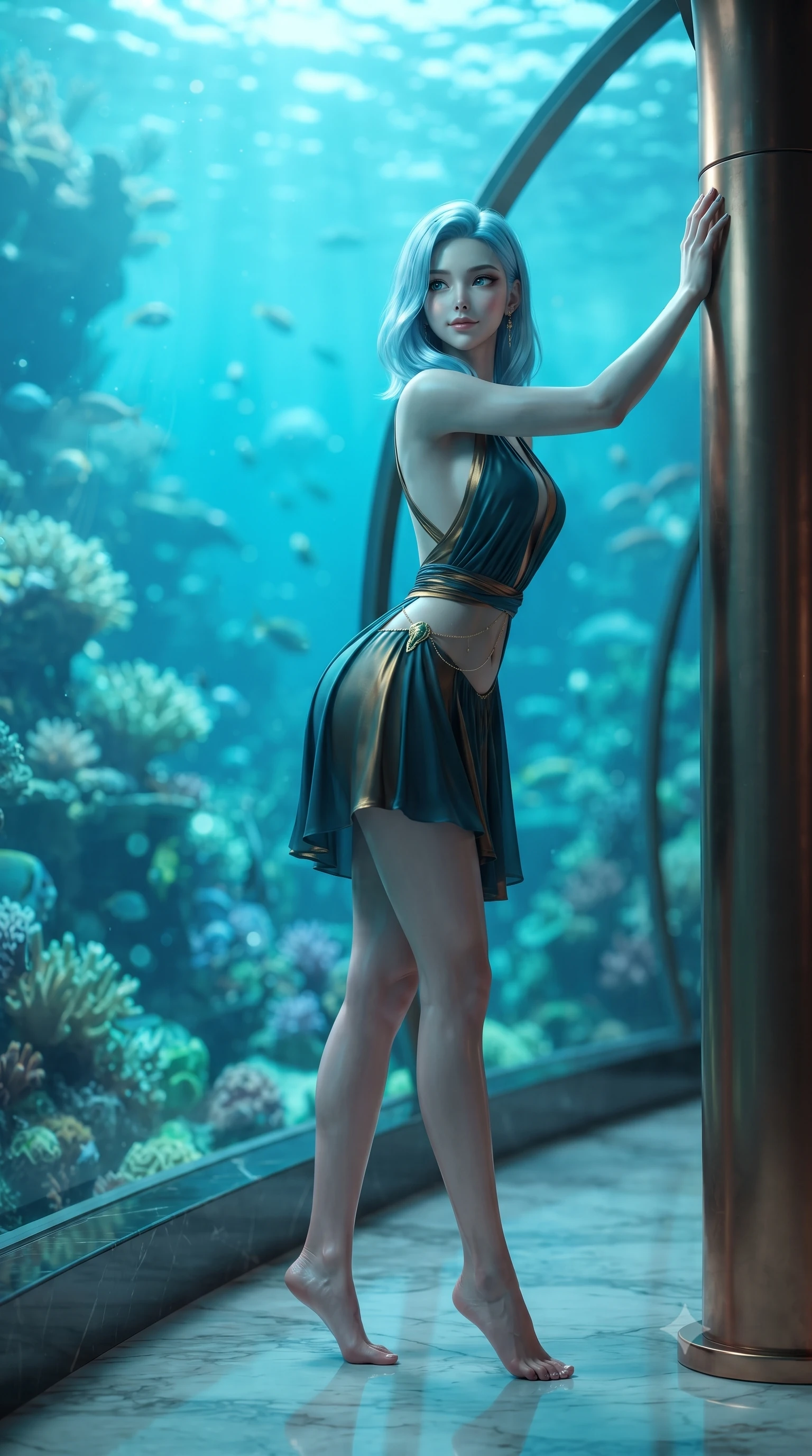 score_9, masterpiece, best quality, ultra-detailed, high-budget anime keyframe, editorial fashion photography, tasteful artistic composition, Korean woman. low angle full-body shot from head to toe showing her feet, filling the entire 9:16 vertical frame with her statuesque presence, stretching her vertical silhouette. standing tall beside the architectural column, one hand resting high while arching her lower back to emphasize her sculpted feminine hips and slender waist while standing poised against the thick curved glass window looking directly into the illuminated sea, arching her back with breathtaking aquatic allure. The background shows a soft-focus glowing turquoise underwater ocean water, swaying coral reefs, and passing marine life outside thick glass blurred into cyan, sapphire, and emerald bokeh. She has an absolutely perfect, statuesque 8.5-heads proportion, an exceptionally tall and slender model-like female figure with impossibly long slender legs, an ultra-slim waist, a flat toned midriff, narrow delicate ribcage, and beautifully sculpted feminine hips creating a graceful, slim hourglass silhouette without any bulky heaviness. sharp v-shaped jawline, high-bridge nose, sparkling eyes with hypnotic seductive depth, thick curled eyelashes, glossy parted lips with a natural dewy peach sheen, alluring bedroom-eyes with an enchanting coquettish smile, exuding magnetic siren charisma and sophisticated glamour, flawlessly proportioned anatomical accuracy, strict slender model proportions, natural body alignment, perfectly sculpted long slender limbs, ultra-slim waistline, clean dynamic posture without body distortion. wearing a draped Greek-goddess style silk chiffon mini toga dress with an open back and golden hip fibula in deep peacock teal and burnished antique brass, made of semi-opaque stretch illusion mesh with soft shadowy contours, accented with a dainty gold belly chain resting across her flat midriff and curving hips, the precision-cut side openings and low-back scoop framing her graceful spine and the sensual sweep of her slim, toned hips. bathed in eerie glowing cobalt-and-cyan light radiating inward through the submerged panoramic glass windows. ultra-reflective glossy finish, specular highlights, rich textural contrasts, high-contrast stereoscopic depth, volumetric dynamic lighting, 2k, ultra detail, master piece, 9:16 ratio