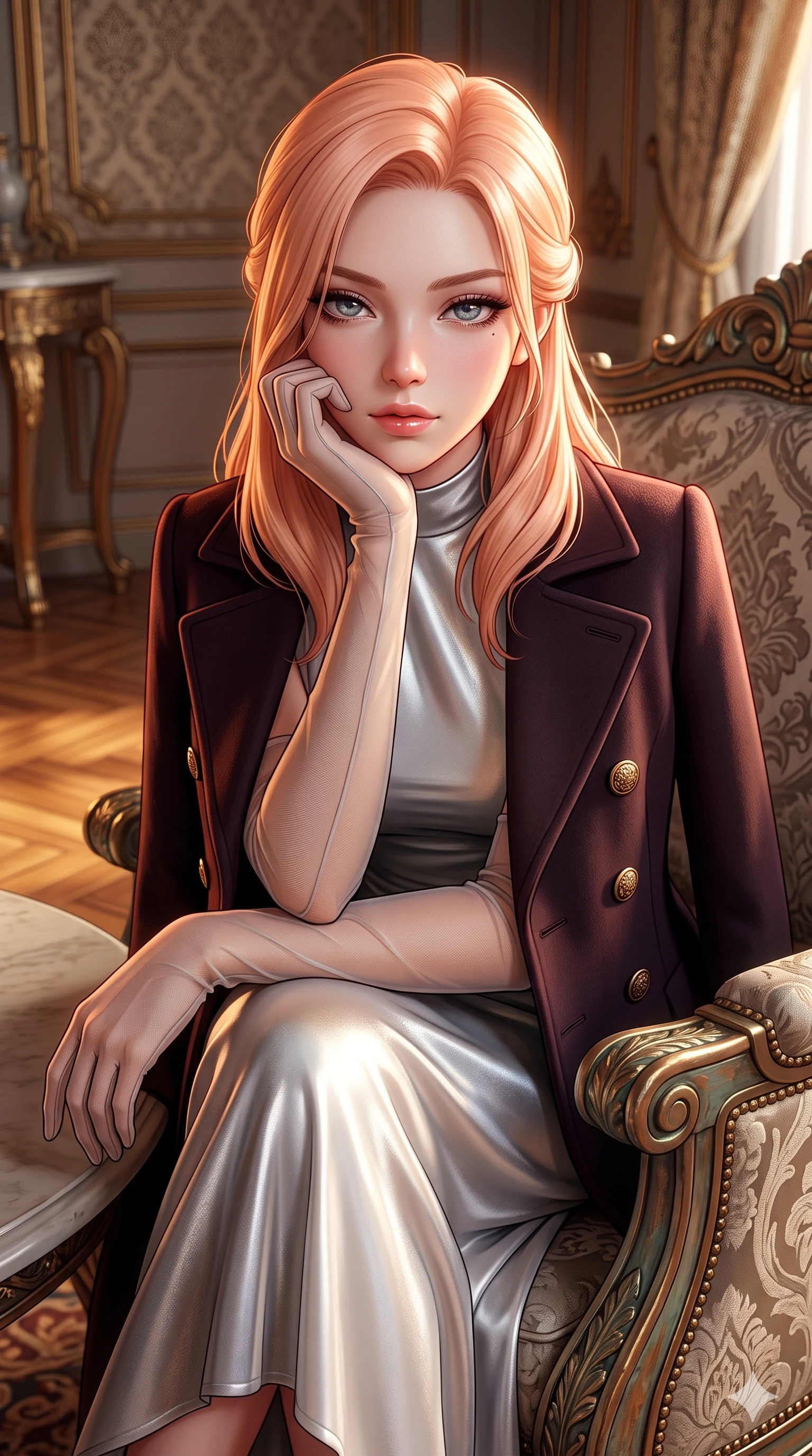 score_9, masterpiece, best quality, ultra-detailed, high-budget anime keyframe, semi-realistic 3D game render, editorial fashion photography, tasteful artistic composition, Japanese woman. close-up cowboy shot from the waist and thighs up, the character dominates the composition, filling the frame with her large presence. resting one elbow on the table and supporting her chin, leaning close to the camera with heavy-lidded sparkling eyes and parted lips while resting one elbow on the carved settee armrest and supporting her chin, leaning close to the camera with heavy-lidded smoldering bedroom-eyes. The surrounding environment is rendered in vivid detail and crisp panoramic clarity: sharp damask fabric weave texture, aged bronze patina on settee legs, and fine tapestry thread details in deep focus. She has an exceptionally elegant, slender, and willowy female figure with an ultra-slim waist, flat toned midriff, narrow ribcage, and sculpted feminine hips creating an alluring, slim hourglass silhouette without bulk. sharp v-shaped jawline, high-bridge nose, intricate jewel-like sparkling eyes with depth, thick eyelashes, glossy parted lips with a natural sheen, intensely captivating and seductive bedroom-eyes expression, exuding both youthful cute charm and sovereign luxury allure, flawlessly proportioned anatomical accuracy, strict slender model proportions, natural body alignment, perfectly sculpted long slender limbs, ultra-slim waistline, clean dynamic posture without body distortion. wearing a structured Belle Époque cashmere opera greatcoat with polished brass crest buttons layered over a high-neck slip in shimmering silver mercury and pearl white, crafted from bespoke double-faced cashmere with an exceptionally soft tactile finish, complemented by sheer opera-length evening gloves tracing her slender arms, the bespoke structured tailoring following the natural line of her 8.5-heads silhouette with refined elegance. illuminated by polished parquet bounce and sharp bronze-amber rim lights sculpting her razor-sharp jawline, narrow waist, and curvy hips. highly saturated vibrant anime colors, detailed shading with soft gradients, rich glossy textures, high-contrast stereoscopic depth, volumetric dynamic lighting, master piece, 9:16 ratio
