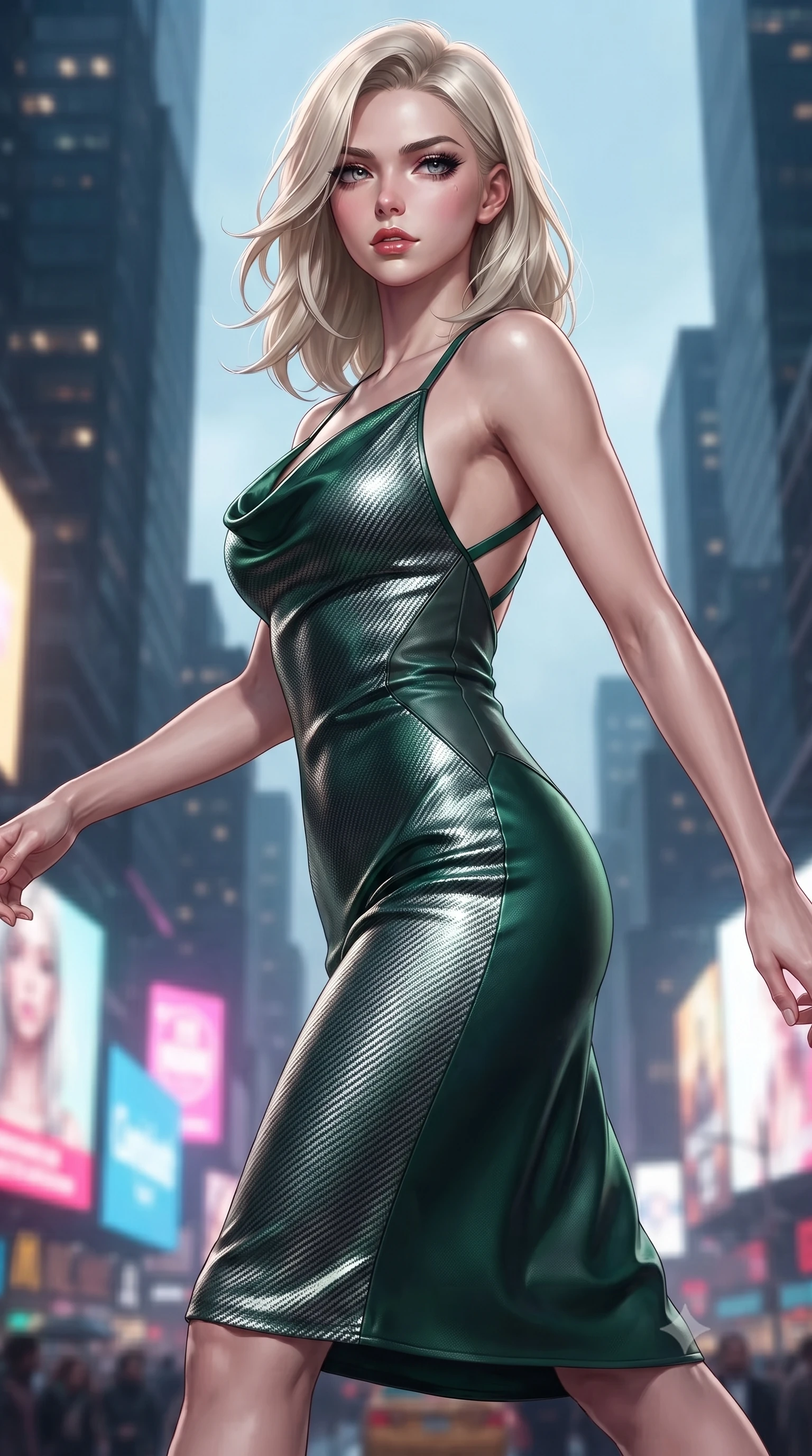 score_9, masterpiece, best quality, ultra-detailed, high-budget anime keyframe, editorial fashion photography, tasteful artistic composition, Caucasian woman. close-up cowboy shot from the waist and thighs up, the character dominates the composition, filling the frame with her large presence, background elements kept in soft focus. Pivoting sharply while looking back over her shoulder with heavy lashes and a confident, intense gaze while turning in a dynamic mid-air stride with neon city billboards glowing below, fluttering lightweight attire catching the high-altitude urban wind. She has an exceptionally elegant, slender, and willowy female figure with an ultra-slim waist, a gracefully sculpted slender torso, and a refined silhouette. sharp v-shaped jawline, high-bridge nose, intricate jewel-like eyes with depth, thick eyelashes, glossy lips with a natural sheen, flawlessly proportioned anatomical accuracy, natural body alignment, perfectly sculpted elegant limbs, clean dynamic posture without body distortion. wearing an elegant cowl-neck satin midi dress with a graceful draped neckline in deep emerald green and silver accent, made of fine carbon-fiber weave and soft matte leather, complemented by criss-cross back straps highlighting her bare shoulders, the form-contouring material highlighting her ultra-slim waist and long lines. surrounded by a high-energy futuristic cityscape atmosphere. ultra-reflective glossy finish, specular highlights, metallic sheen, high-contrast stereoscopic depth, volumetric dynamic lighting, 2k, ultra detail, master piece, 9:16 ratio
