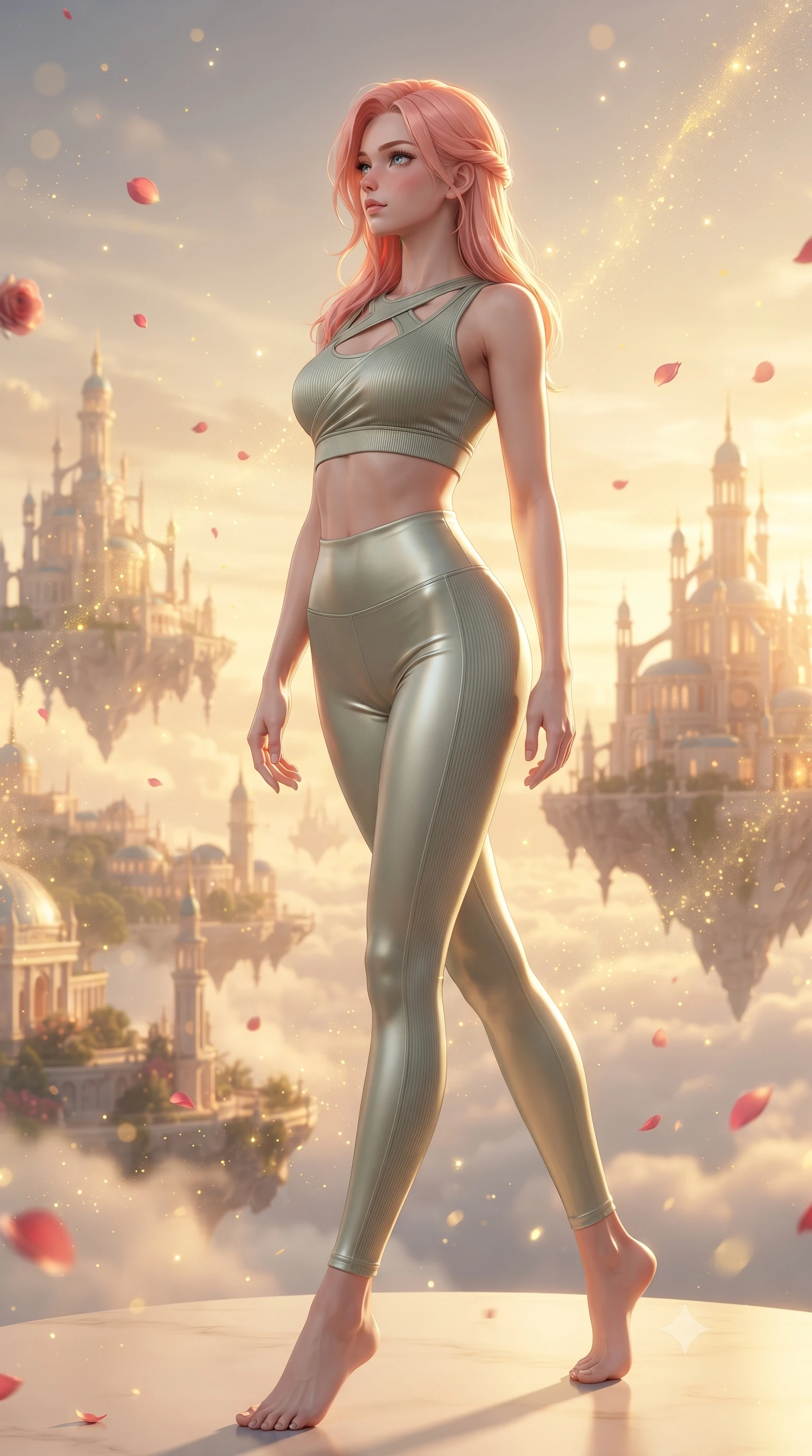 score_9, masterpiece, best quality, ultra-detailed, high-budget anime keyframe, editorial fashion photography, tasteful artistic composition, Japanese woman. low angle full-body shot from head to toe showing her feet, filling the entire 9:16 vertical frame with her statuesque presence, stretching her vertical silhouette. navigating the luminous space with effortless poise, displaying her perfect model proportions gazing out at a dreamlike palace archipelago suspended in golden hour light, floating rose petals and golden dust motes sparkling in the air. She has an absolutely perfect, statuesque 8.5-heads proportion, an exceptionally tall and slender model-like female figure with impossibly long slender legs and an ultra-slim waist. sharp v-shaped jawline, high-bridge nose, intricate jewel-like eyes with depth, thick eyelashes, glossy lips with a natural sheen. wearing a form-fitting ribbed activewear set with collar cutouts in sage green and oatmeal, crafted from lustrous satin jersey with fluid draping, accented with a Tasteful chest slit framing her clavicle gracefully, the tailored fabric tightly following every curve of her athletic build. lit by brilliant warm key light softening into smooth, elegant gradients. ultra-reflective glossy finish, specular highlights, metallic sheen, high-contrast stereoscopic depth, volumetric dynamic lighting, 2k, ultra detail, master piece, 9:16 ratio