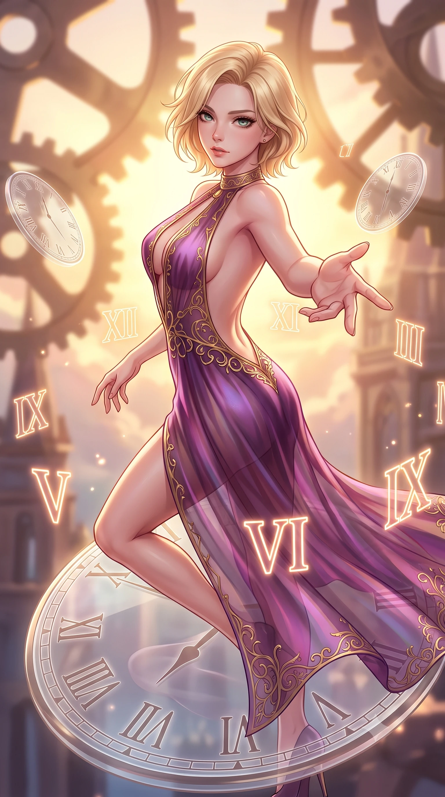 score_9, masterpiece, best quality, ultra-detailed, high-budget anime keyframe, editorial fashion photography, tasteful artistic composition, Caucasian woman. close-up cowboy shot from the waist and thighs up, the character dominates the composition, filling the frame with her large presence, background elements kept in soft focus. Reaching her hand gracefully toward the camera with magnetic allure, her torso turning in a dynamic S-curve alignment while balancing dynamically on a giant translucent Roman numeral clock dial in mid-air, glowing neon clock numbers floating in mid-air with vintage elegancy. She has an exceptionally elegant, slender, and willowy female figure with an ultra-slim waist, a gracefully sculpted slender torso, and a refined silhouette. sharp v-shaped jawline, high-bridge nose, intricate jewel-like eyes with depth, thick eyelashes, glossy lips with a natural sheen, flawlessly proportioned anatomical accuracy, natural body alignment, perfectly sculpted elegant limbs, clean dynamic posture without body distortion. wearing a translucent iridescent chiffon gown with a plunging neckline and open back in plum purple and gold filigree, crafted from lustrous satin jersey with fluid draping, accented with a Tasteful chest slit framing her clavicle gracefully, the form-contouring material highlighting her ultra-slim waist and long lines. illuminated by a brilliant golden hour glow filtering through clockwork dials. highly saturated vibrant anime colors, detailed shading with soft gradients, rich glossy textures, high-contrast stereoscopic depth, volumetric dynamic lighting, master piece, 9:16 ratio