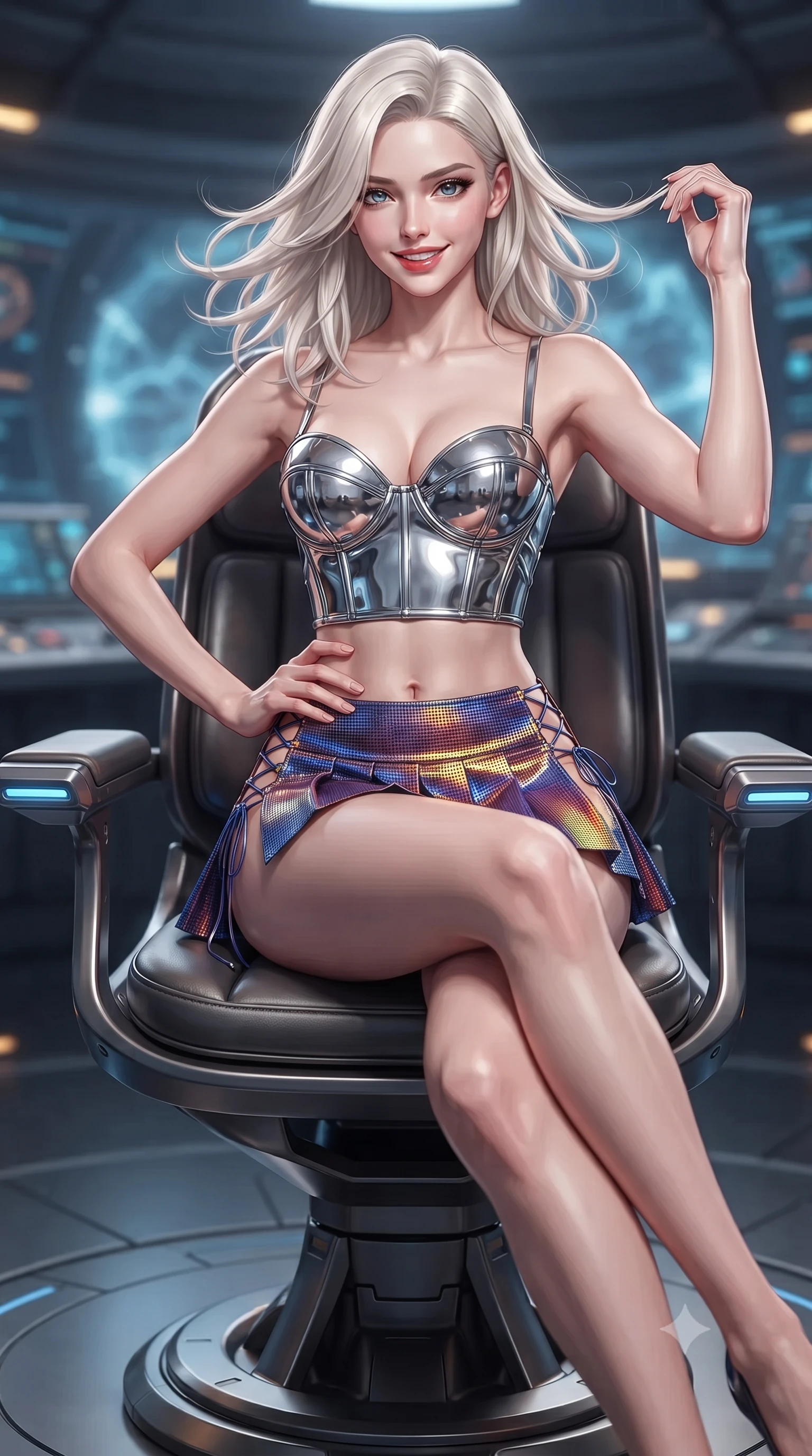 score_9, masterpiece, best quality, ultra-detailed, high-budget anime keyframe, editorial fashion photography, tasteful artistic composition, Caucasian woman. close-up cowboy shot from the waist and thighs up, the character dominates the composition, filling the frame with her large presence. twisting her slender torso in an alluring contrapposto stance, one hand resting on her sculpted hip while her fingers toy with her hair with effortless poise while sitting gracefully on the ergonomic captain chair with legs crossed, flashing an enchanting smile with parted glossy lips as light bends around her. The background shows a soft-focus plasma containment field hum softened in quantum singularity observation bridge shallow focus. She has an exceptionally elegant, slender, and willowy female figure with an ultra-slim waist, flat toned midriff, narrow ribcage, and sculpted feminine hips creating an alluring, slim hourglass silhouette without bulk. sharp v-shaped jawline, high-bridge nose, intricate jewel-like sparkling eyes with depth, thick eyelashes, glossy parted lips with a natural peach sheen, bright cheerful beaming smile with an enchanting and coquettish sensual glint, exuding both youthful cute charm and seductive allure, flawlessly proportioned anatomical accuracy, strict slender model proportions, natural body alignment, perfectly sculpted long slender limbs, ultra-slim waistline, clean dynamic posture without body distortion. wearing a chrome-plated structured underwire bustier top paired with an ultra-short low-rise pleated micro mini skirt in Jovian amber and electric storm cobalt, crafted from stretch micro-mesh with liquid foil coating that shimmers with every movement, featuring fine criss-cross lace-up side ties revealing tantalizing glimpses of her hip curve, the second-skin tailored fabric adhering flawlessly to her sculpted flat midriff and slender torso, emphasizing her long leg lines and perfectly proportioned willowy build. illuminated by console screen bounce and sharp relativistic gold rim lights defining her razor-sharp jawline, narrow waist, and curvy hips. ultra-reflective glossy finish, specular highlights, rich textural contrasts, high-contrast stereoscopic depth, volumetric dynamic lighting, 2k, ultra detail, master piece, 9:16 ratio