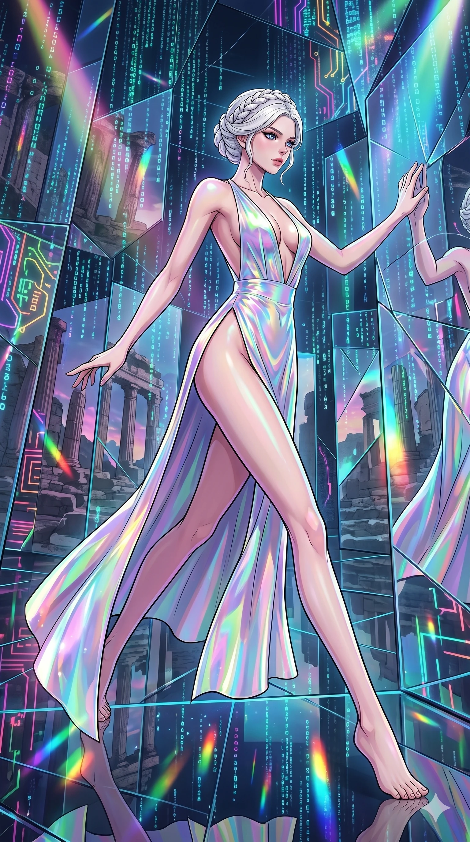 score_9, masterpiece, best quality, ultra-detailed, high-budget anime movie keyframe, cinematic anime lighting, intricate line art, Caucasian (strictly human ears) anime girl. Dynamic full-body shot stretching the vertical silhouette across the 9:16 frame. exploring lost ruins in a infinite mirror maze with holographic rain. She has an absolutely perfect 8-heads proportion, an exceptionally tall and slender female figure with an ultra-slim waist and impossibly long slender legs. sharp v-shaped jawline, high-bridge nose, intricate jewel-like eyes, thick eyelashes, glossy lips. Wearing avant-garde high-fashion gown made of iridescent vinyl with a dangerously high side slit and a plunging neckline, revealing an ultra-slim waist and long slender legs. The scene is illuminated by dramatic atmospheric lighting and vibrant color palettes. 2k, ultra detail, master piece, 9:16 ratio