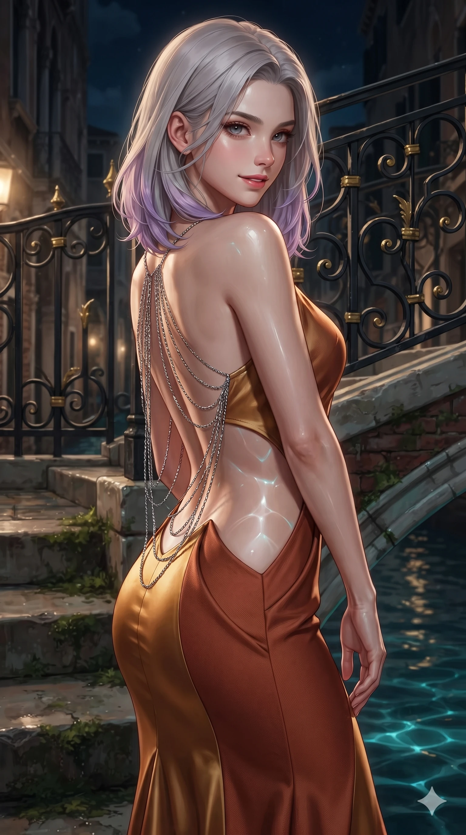 score_9, masterpiece, best quality, ultra-detailed, high-budget anime keyframe, editorial fashion photography, tasteful artistic composition, Caucasian woman. close-up cowboy shot from the waist and thighs up, the character dominates the composition, filling the frame with her large presence. turning over a bare shoulder with an intoxicating, teasing smile, her soft hair framing her sharp jawline as her hips angle gracefully in a captivating contrapposto while twisting her slender torso in an alluring S-curve, liquid turquoise canal reflections dancing across her flat midriff and hourglass curves. The surrounding environment is rendered in vivid detail and crisp panoramic clarity: sharp wrought-iron scrollwork with gold accents, wet mossy marble step texture, and crisp water ripple caustic patterns in deep focus. She has an exceptionally elegant, slender, and willowy female figure with an ultra-slim waist, flat toned midriff, narrow ribcage, and sculpted feminine hips creating an alluring, slim hourglass silhouette without bulk. sharp v-shaped jawline, high-bridge nose, intricate jewel-like eyes with depth, thick eyelashes, glossy parted lips with a natural sheen, intensely captivating and seductive bedroom-eyes expression, flawlessly proportioned anatomical accuracy, strict slender model proportions, natural body alignment, perfectly sculpted long slender limbs, ultra-slim waistline, clean dynamic posture without body distortion. wearing a sculptured liquid-satin mermaid gown with an architectural open-waist cutout and bare spine descending to the tailbone in molten desert gold and burnt terracotta, tailored from water-resistant treated wool gabardine and flexible stretch silk, accented with an open-back drape framed by falling strands of delicate chrome chains, the impeccably tailored cut draping gracefully along her slender figure with aristocratic poise. bathed in romantic 2600K gaslight lantern radiance mixed with cool nocturnal canal reflections. ultra-reflective glossy finish, specular highlights, rich textural contrasts, high-contrast stereoscopic depth, volumetric dynamic lighting, 2k, ultra detail, master piece, 9:16 ratio