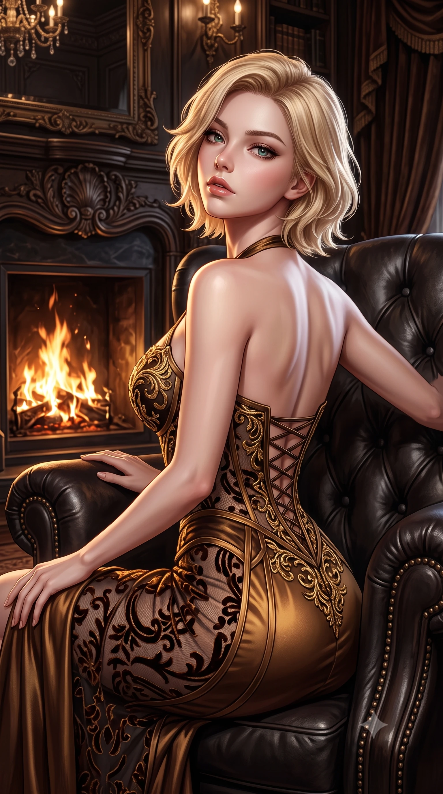score_9, masterpiece, best quality, ultra-detailed, high-budget anime keyframe, semi-realistic 3D game render, editorial fashion photography, tasteful artistic composition, Caucasian woman. close-up cowboy shot from the waist and thighs up, the character dominates the composition, filling the frame with her large presence. tilting her chin up with proud, sovereign allure while gazing through thick eyelashes with an irresistible, dangerous bedroom-gaze while curling languidly in an oversized tufted leather armchair, gazing directly into the lens with magnetic bedroom-eyes. The surrounding environment is rendered in vivid detail and crisp panoramic clarity. detailed baroque fireplace carvings, velvet fabric pile sheen, and dancing flame reflections in high clarity. She has an exceptionally elegant, slender, and willowy female figure with an ultra-slim waist, a gracefully sculpted slender torso, toned flat midriff, and a refined slim silhouette. sharp v-shaped jawline, high-bridge nose, intricate jewel-like eyes with depth, thick eyelashes, glossy parted lips with a natural sheen, intensely captivating and seductive expression, flawlessly proportioned anatomical accuracy, strict slender model proportions, natural body alignment, perfectly sculpted long slender limbs, ultra-slim waistline, clean dynamic posture without body distortion. wearing a baroque gold-embroidered bustier gown with exposed clavicle and structured hip boning in shadowy espresso brown and molten bronze, made of sheer contouring mesh with velvet flocking patterns, accented with criss-cross corset back lacing highlighting her graceful shoulder blades, the dramatically scooped open back descending to the base of her spine, accentuating her razor-sharp statuesque lines and slim hourglass silhouette. surrounded by an opulent, intimate, and irresistibly hypnotic dark romance aura. highly saturated vibrant anime colors, detailed shading with soft gradients, rich glossy textures, high-contrast stereoscopic depth, volumetric dynamic lighting, master piece, 9:16 ratio