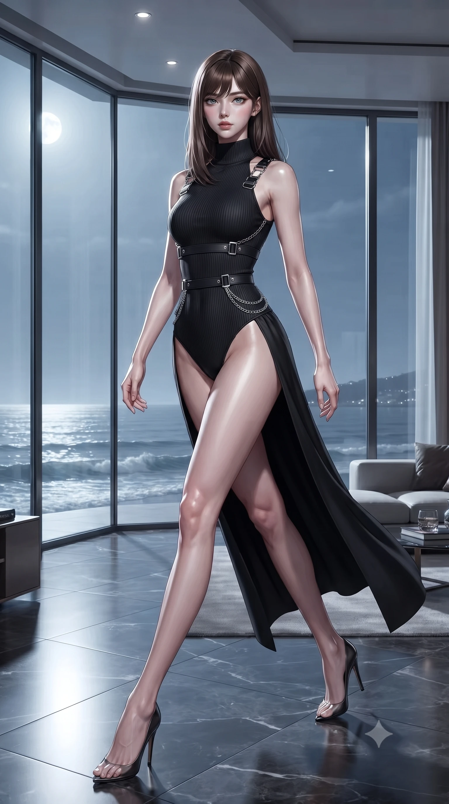 score_9, masterpiece, best quality, ultra-detailed, high-budget anime keyframe, editorial fashion photography, tasteful artistic composition, Korean woman. low angle full-body shot from head to toe showing her feet, filling the entire 9:16 vertical frame with her statuesque presence, stretching her vertical silhouette. stepping gracefully through the luxurious environment, stretching her statuesque silhouette, poised before a floor-to-ceiling glass bay looking out over calm moonlit ocean waves, impossibly long slender legs emphasized by a high thigh-slit outfit. She has an absolutely perfect, statuesque 8.5-heads proportion, an exceptionally tall and slender model-like female figure with impossibly long slender legs and an ultra-slim waist. sharp v-shaped jawline, high-bridge nose, intricate jewel-like eyes with depth, thick eyelashes, glossy lips with a natural sheen. wearing sleek high-neck ribbed activewear bodysuit in matte black in pitch-black onyx, made of fine dark contouring mesh, framed by dark titanium buckles and silver chain details, sculpting her athletic slender build with refined precision. surrounded by an airy sea-breeze ambiance with bright silver rim lights. ultra-reflective glossy finish, specular highlights, metallic sheen, high-contrast stereoscopic depth, volumetric dynamic lighting, 2k, ultra detail, master piece, 9:16 ratio