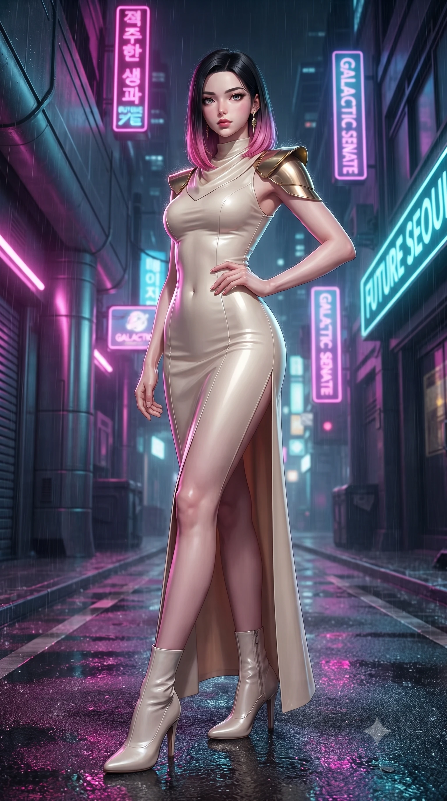 score_9, masterpiece, best quality, ultra-detailed, high-budget anime keyframe, editorial fashion photography, tasteful artistic composition, Korean woman. low angle full-body shot from head to toe showing her feet, filling the entire 9:16 vertical frame with her statuesque presence, stretching her vertical silhouette. posing confidently with one hand on her hip, stretching her statuesque body to emphasize her curves the background shows a soft-focus a private rain-slicked alleyway under flickering neon signs in a futuristic cityscape. She has an absolutely perfect, statuesque 8.5-heads proportion, an exceptionally tall and slender model-like female figure with impossibly long slender legs and an ultra-slim waist. sharp v-shaped jawline, high-bridge nose, intricate jewel-like eyes with depth, thick eyelashes, glossy lips with a natural sheen. wearing a body-hugging elegant galactic senate gown in cream cashmere, featuring structured metallic gold shoulder guards and a high-neck drape. vibrant magenta and cyan neon rim light casting sharp reflections on the wet asphalt. ultra-reflective glossy finish, specular highlights, metallic sheen, high-contrast stereoscopic depth, volumetric dynamic lighting, 2k, ultra detail, master piece, 9:16 ratio