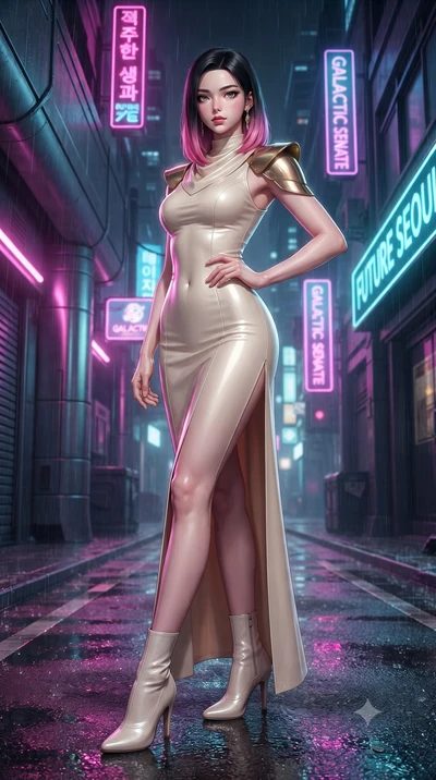 score_9, masterpiece, best quality, ultra-detailed, high-budget anime keyframe, editorial fashion photography, tasteful artistic composition, Korean woman. low angle full-body shot from head to toe showing her feet, filling the entire 9:16 vertical f
