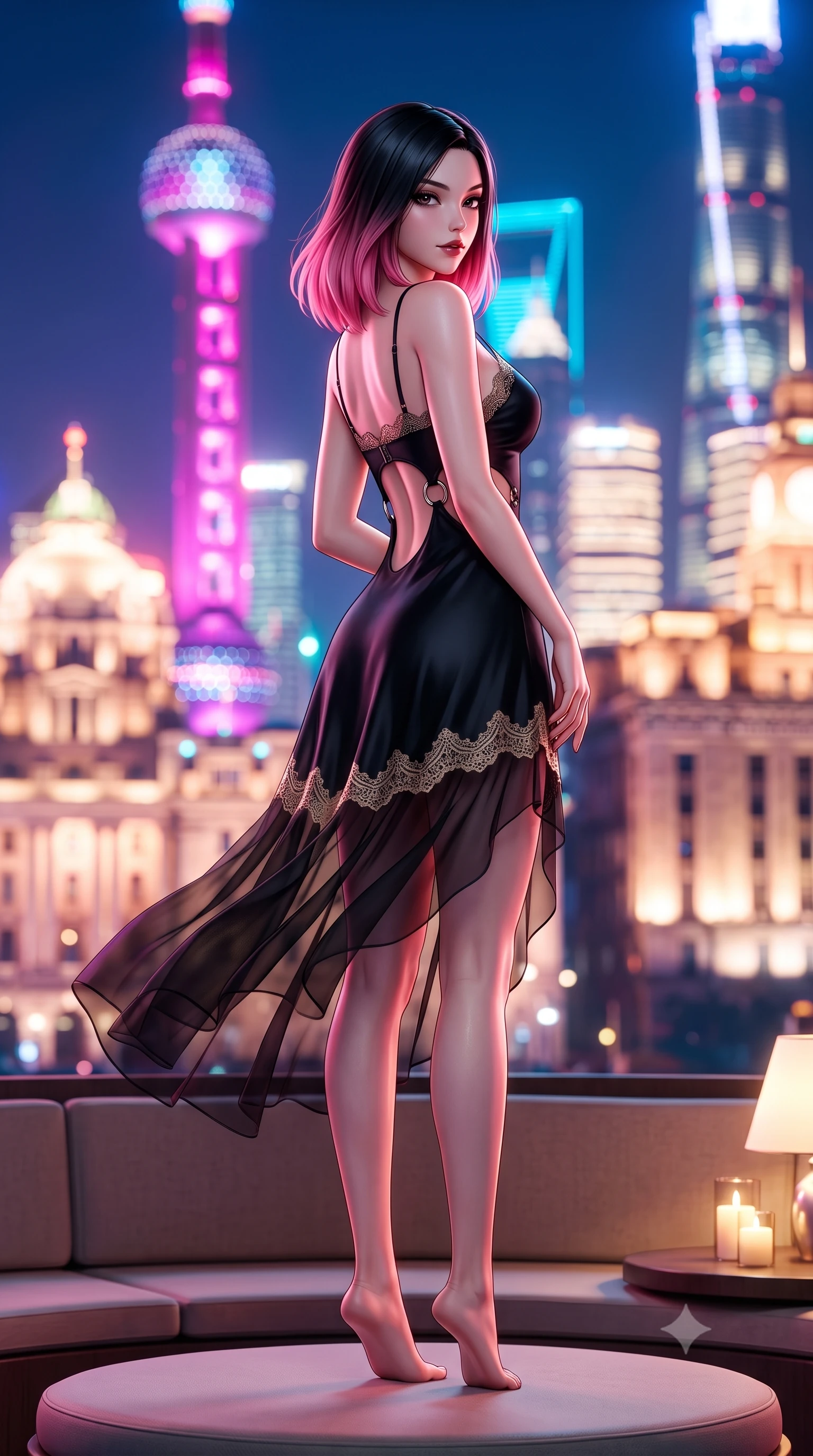 score_9, masterpiece, best quality, ultra-detailed, high-budget anime keyframe, semi-realistic 3D game render, editorial fashion photography, tasteful artistic composition, Korean woman. low angle full-body shot from head to toe showing her feet, filling the entire 9:16 vertical frame with her statuesque presence, stretching her vertical silhouette. executing a slow, elegant turn as her liquid gown flutters around her slender legs, glancing over her shoulder with an intoxicating, seductive bedroom-gaze while lounging gracefully on a circular low banquette propped on one elbow, her radiant dark allure commanding the frame against the futuristic neon towers. The composition keeps background elements in soft focus with dreamy creamy bokeh. the futuristic illuminated towers of Pudong and historic Bund granite facades blurred into dazzling magenta, cyan, and champagne bokeh. She has an exceptionally tall and slender model-like 8.5-heads proportion, an ultra-slim waist, a flat toned midriff, narrow delicate ribcage, and beautifully sculpted feminine hips creating a graceful, slim hourglass silhouette without any bulky heaviness, with impossibly long slender legs. sharp v-shaped jawline, high-bridge nose, intricate jewel-like dark sparkling eyes with dangerous depth, thick curled eyelashes, glossy parted lips with a rich wine sheen, smoldering seductive half-smile with bedroom-eyes, exuding effortless superiority and intoxicating dark allure, flawlessly proportioned anatomical accuracy, strict slender model proportions, natural body alignment, perfectly sculpted long slender limbs, ultra-slim waistline, clean dynamic posture without body distortion. wearing a strappy black silk slip dress with delicate lace scallop edging along the neckline and hem in midnight jet-black and liquid champagne gold, crafted from layered gossamer black organza with weightless, smoky flutter, accented with sculptural chrome hardware rings framing the subtle cutouts, the precision-cut side openings and low-back scoop framing her graceful spine and the sensual sweep of her slim, toned hips. bathed in dramatic neon riverfront ambient bounce and warm terrace candle highlights. highly saturated vibrant anime colors, detailed shading with soft gradients, rich glossy textures, high-contrast stereoscopic depth, volumetric dynamic lighting, master piece, 9:16 ratio