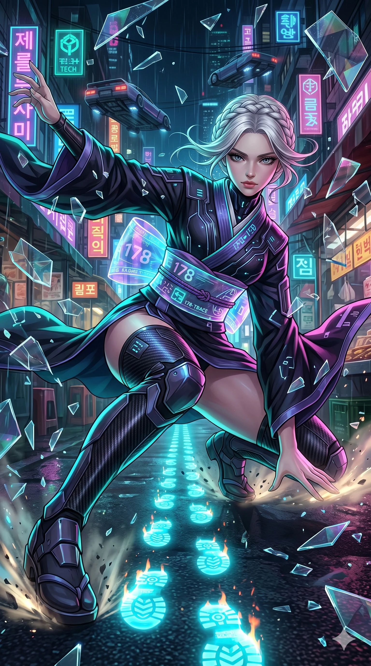 score_9, masterpiece, best quality, ultra-detailed, Set A: High-budget Anime Keyframe, Korean woman. Upper body close-up from the thighs up, character filling the screen for maximum presence. Sliding through a futuristic night market, as she leaves a trail of 178 glowing footprints and surrounded by shattered glass fragments. She has an absolutely perfect 8-heads proportion, an exceptionally tall and slender female figure with impossibly long slender legs and an ultra-slim waist. Sharp v-shaped jawline, high-bridge nose, intricate jewel-like eyes with depth, thick eyelashes, glossy lips with a natural sheen. Wearing Tech-kimono with a wide holographic obi and side-slit carbon-fiber leg guards. Cinematic lighting, vibrant colors, dramatic shadows, 2k, ultra detail, master piece, 9:16 ratio