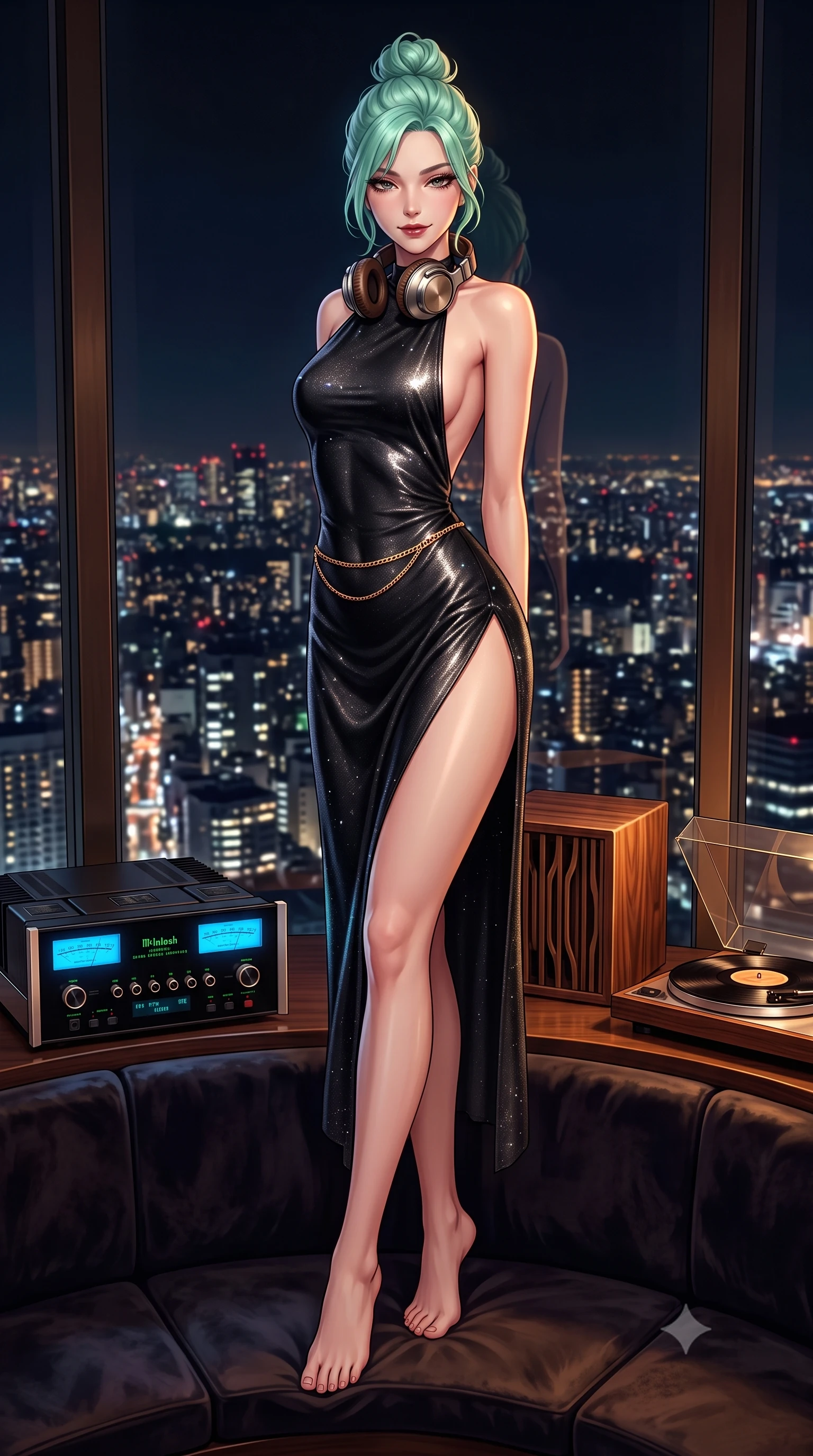 score_9, masterpiece, best quality, ultra-detailed, high-budget anime keyframe, semi-realistic 3D game render, editorial fashion photography, tasteful artistic composition, Japanese woman. low angle full-body shot from head to toe showing her feet, filling the entire 9:16 vertical frame with her statuesque presence, stretching her vertical silhouette. leaning back against the panoramic glass window with hips cocked back in an unapologetically alluring high-fashion stance, illuminated by the city night vista while sitting nestled in a dark velvet curved booth with vintage oversized headphones resting on her neck, arching her back with a tantalizing smoldering smile. The surrounding environment is rendered in vivid detail and crisp panoramic clarity. sharp McIntosh glass faceplate dials, walnut wood diffuser grain, and vinyl record groove glints in deep focus. She has an exceptionally tall and slender model-like 8.5-heads proportion, an ultra-slim waist, a flat toned midriff, narrow delicate ribcage, and beautifully sculpted feminine hips creating a graceful, slim hourglass silhouette without any bulky heaviness, with impossibly long slender legs. sharp v-shaped jawline, high-bridge nose, intricate jewel-like dark sparkling eyes with dangerous depth, thick curled eyelashes, glossy parted lips with a rich wine sheen, smoldering seductive half-smile with bedroom-eyes, exuding effortless superiority and intoxicating dark allure, flawlessly proportioned anatomical accuracy, strict slender model proportions, natural body alignment, perfectly sculpted long slender limbs, ultra-slim waistline, clean dynamic posture without body distortion. wearing a backless liquid jet-black halter slip dress with a thigh-high side slit ascending to the high hip in deep wine burgundy and lustrous obsidian, woven from metallic lurex thread casting subtle starlight glints across the fabric, finished with a delicate gold snake chain belt resting loosely across her curvy hips, the high-waisted tailoring accentuating her ultra-slim waistline and the enchanting curve of her feminine hips with alluring dark charm. bathed in moody warm tube amplifier amber glow and dark walnut ambient bounce. highly saturated vibrant anime colors, detailed shading with soft gradients, rich glossy textures, high-contrast stereoscopic depth, volumetric dynamic lighting, master piece, 9:16 ratio