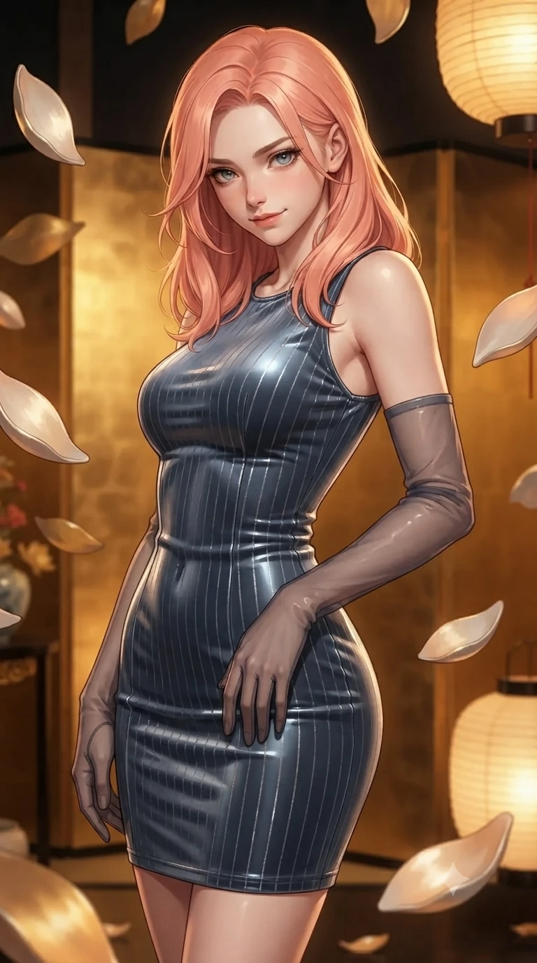 score_9, masterpiece, best quality, ultra-detailed, high-budget anime keyframe, editorial fashion photography, tasteful artistic composition, Japanese woman. close-up cowboy shot from the waist and thighs up, the character dominates the composition, filling the frame with her large presence. tilting her head with a teasing half-smile, running one hand slowly down the side of her hip in a flirtatious S-curve as ambient light caresses her silhouette while twisting her slender torso in an alluring S-curve between floating ceramic petals, warm gilded reflections tracing her flat midriff and hourglass curves. The surrounding environment is rendered in vivid detail and crisp panoramic clarity: sharp gold-leaf screen texture fissures, translucent celadon glaze cracks, and mirror-polished black lacquer floor grain in deep focus. She has an exceptionally elegant, slender, and willowy female figure with an ultra-slim waist, flat toned midriff, narrow ribcage, and sculpted feminine hips creating an alluring, slim hourglass silhouette without bulk. sharp v-shaped jawline, high-bridge nose, intricate jewel-like sparkling eyes with depth, thick eyelashes, glossy parted lips with a natural peach sheen, bright cheerful beaming smile with an enchanting and coquettish sensual glint, exuding both youthful cute charm and seductive allure, flawlessly proportioned anatomical accuracy, strict slender model proportions, natural body alignment, perfectly sculpted long slender limbs, ultra-slim waistline, clean dynamic posture without body distortion. wearing a tailored liquid velvet bodycon dress with metallic fiber pinstripes following her statuesque 8.5-heads silhouette in slate blue and metallic silver, woven from stretch metallic lurex jersey casting radiant starlight glints across her curves, complemented by sheer opera-length evening gloves tracing her slender arms, the form-contouring silhouette accentuating her sculpted flat midriff, narrow delicate ribcage, and gracefully curvy hips with intoxicating allure. bathed in the warm radiant 2400K glow of concealed paper lanterns reflecting off polished gold leaf. ultra-reflective glossy finish, specular highlights, rich textural contrasts, high-contrast stereoscopic depth, volumetric dynamic lighting, 2k, ultra detail, master piece, 9:16 ratio